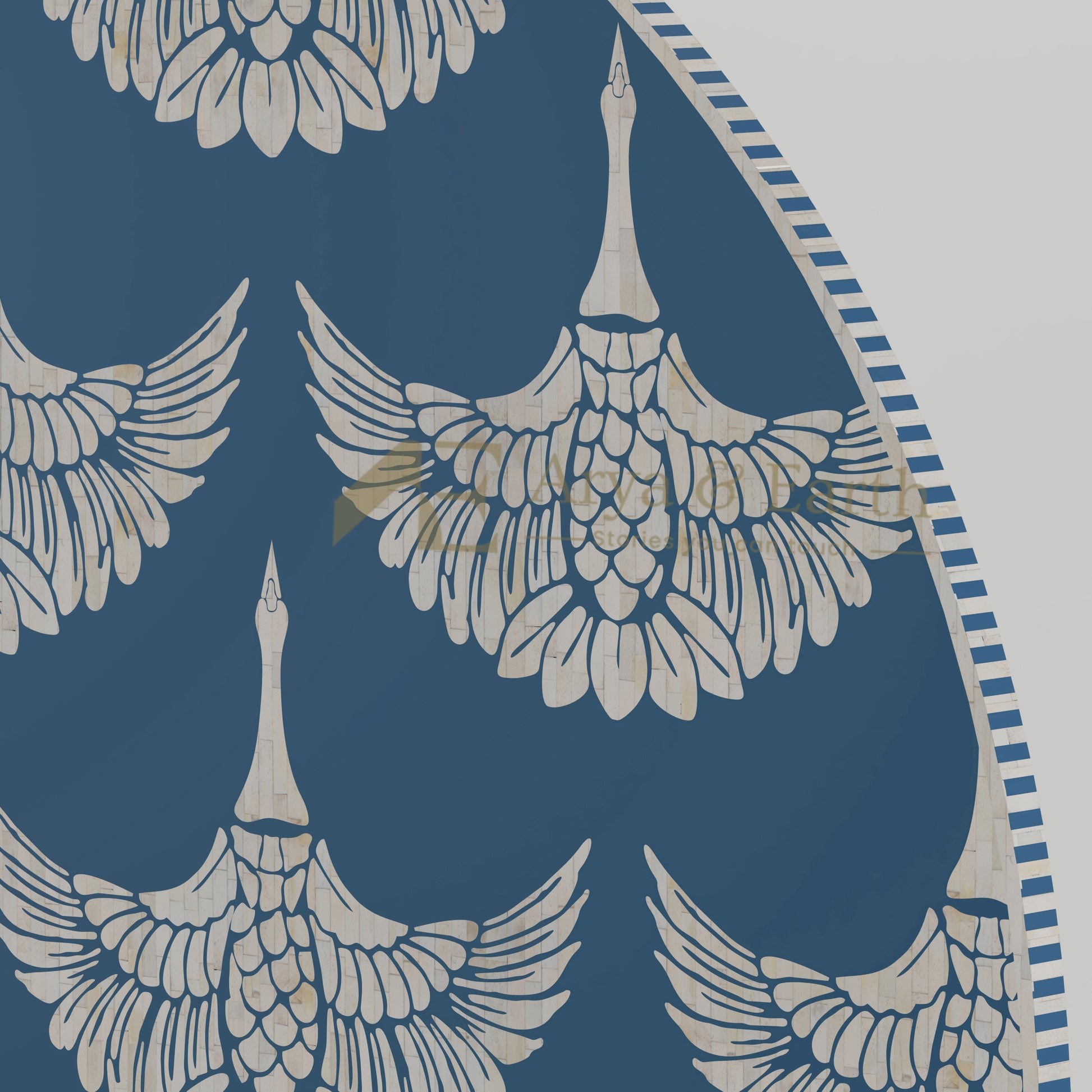 Pattern of phoenix birds  in bone inlay with a blue background