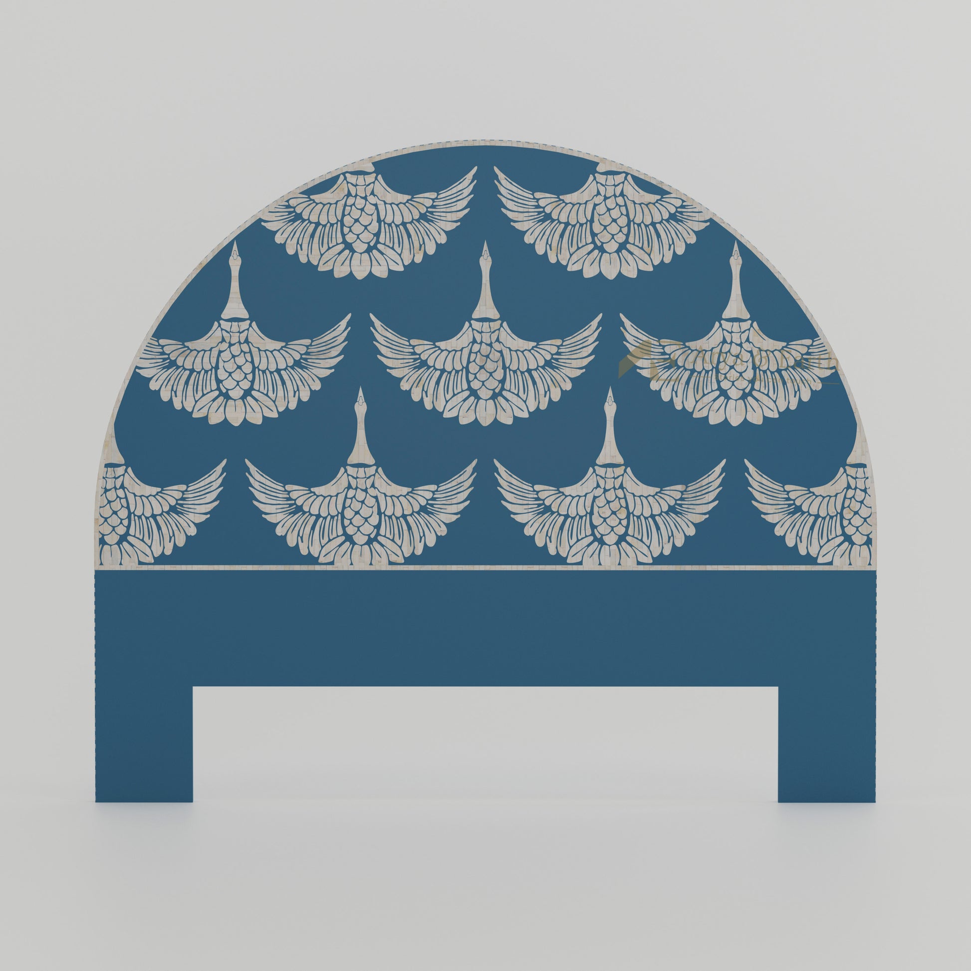 Decorative bone inlay headboard with winged pattern on a blue background
