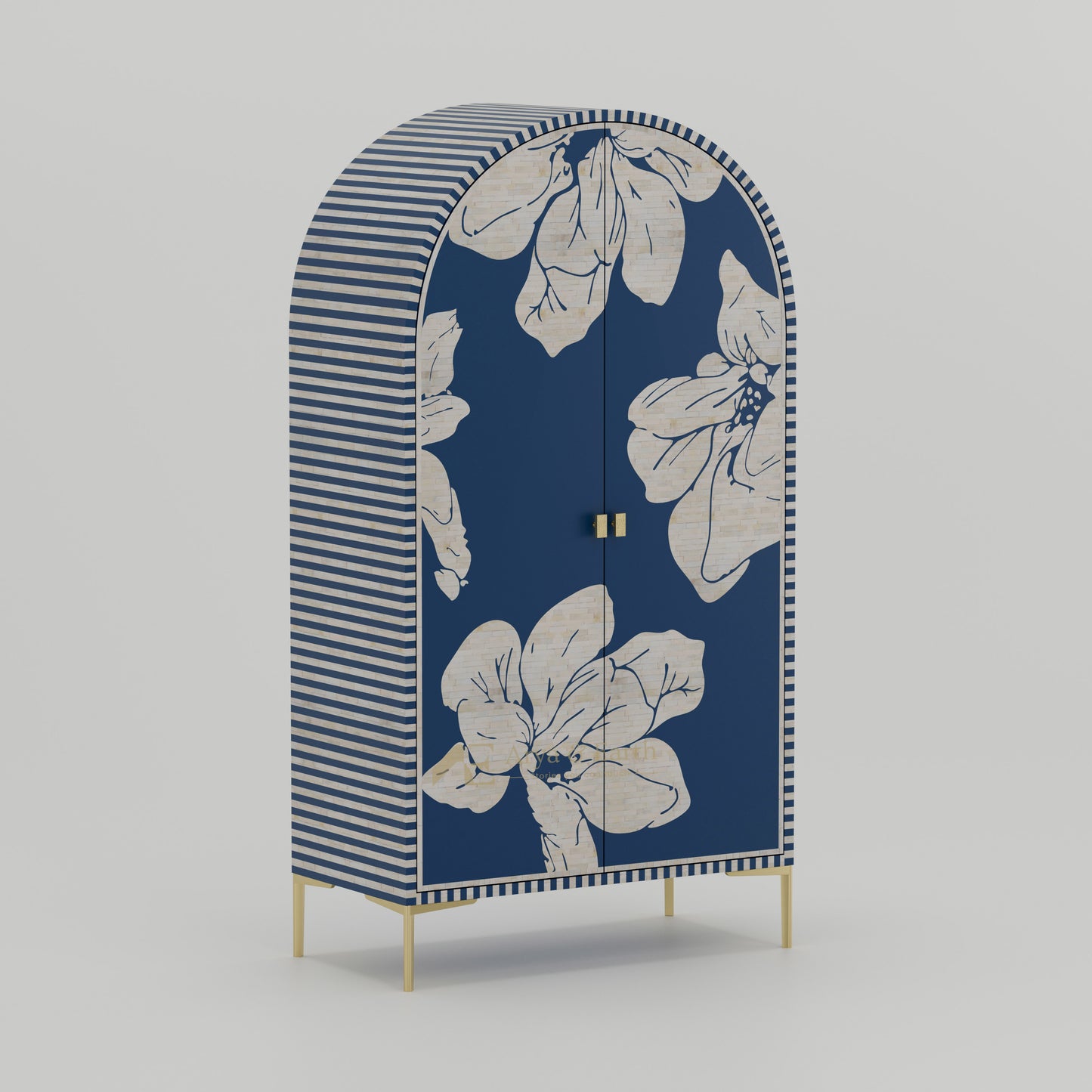 Floral and stripe navy blue cabinet with golden accents