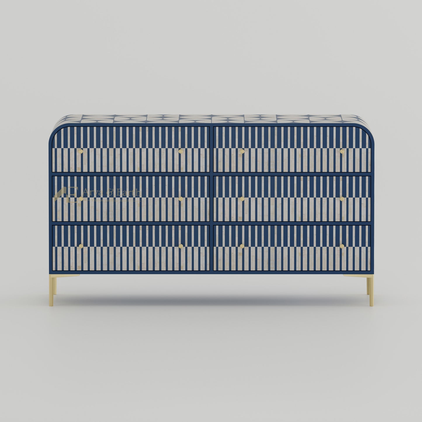 Blue and white patterned sideboard with gold legs 