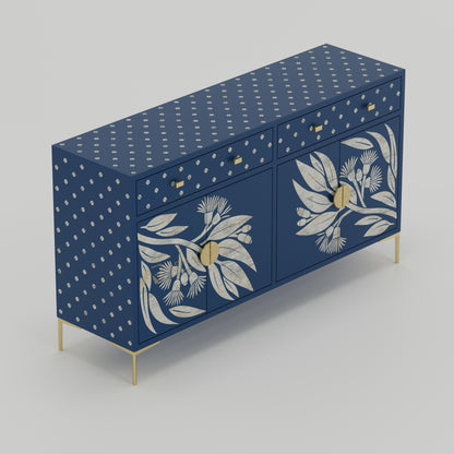 Blue cabinet with gumtree pattern gold handles and legs