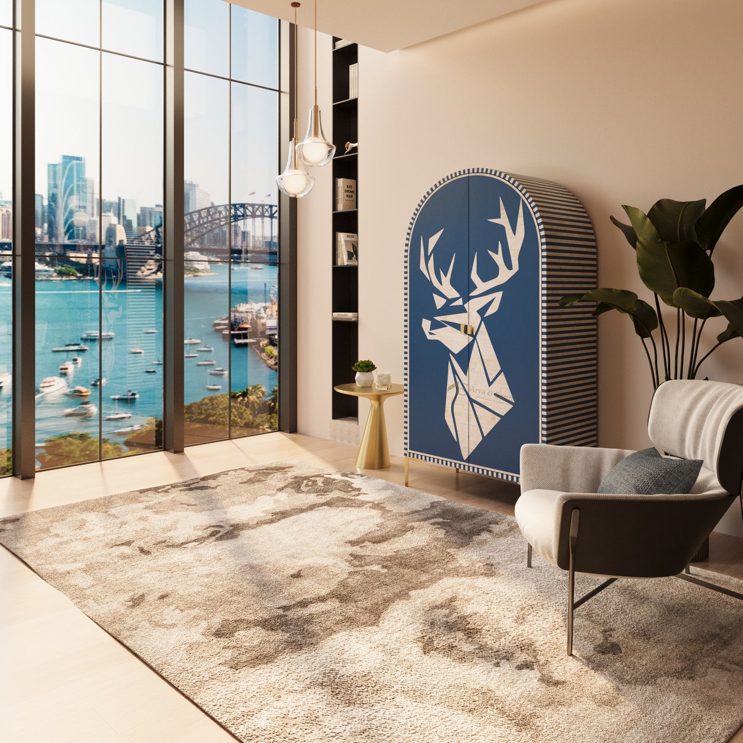 blue deer design bone inlay cabinet  with gold accents in a living room of a  luxury apartment