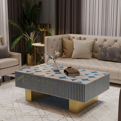 Modern living room with a rectangular coffee table and beige sofa.