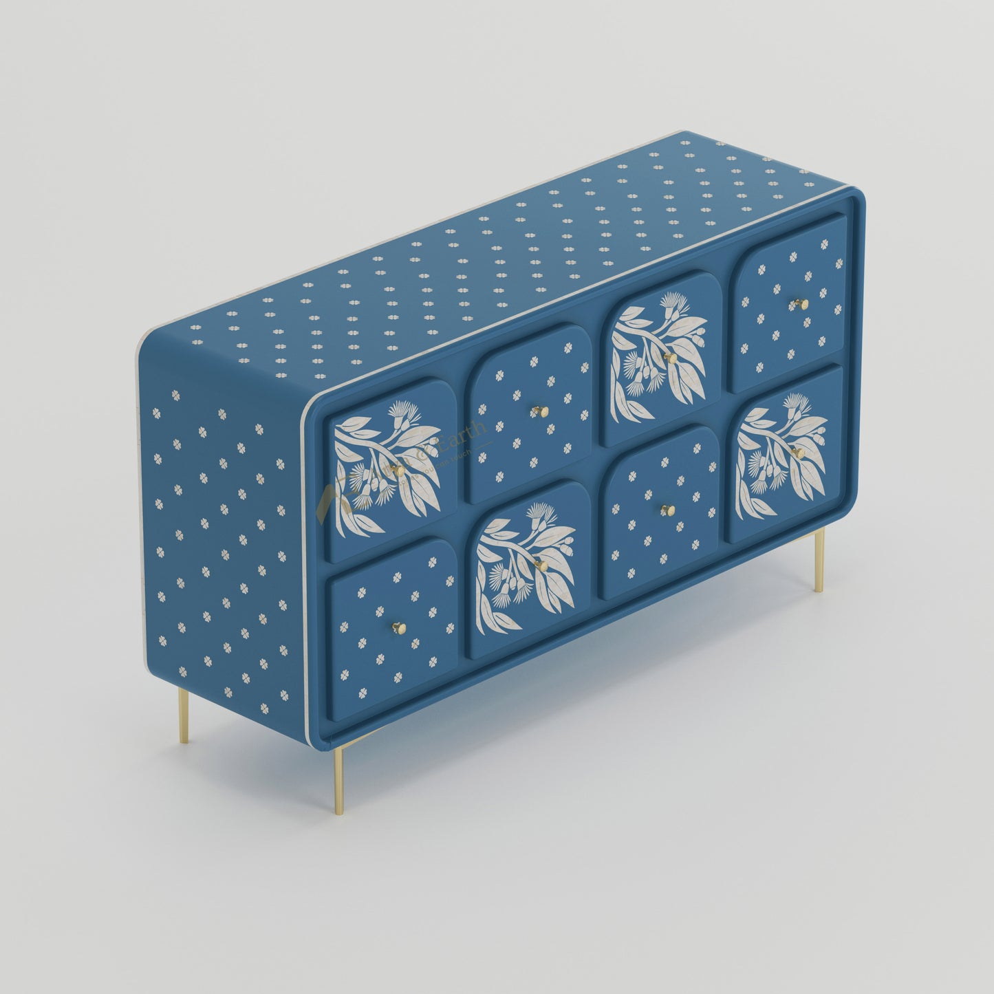 Blue cabinet with white floral patterns on a light gray background with gold accents