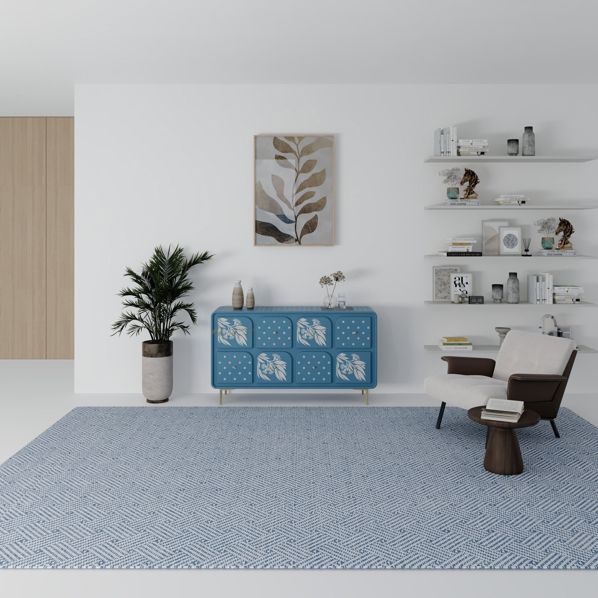 Modern living room with a blue rug, white walls, and sideboard with drawers