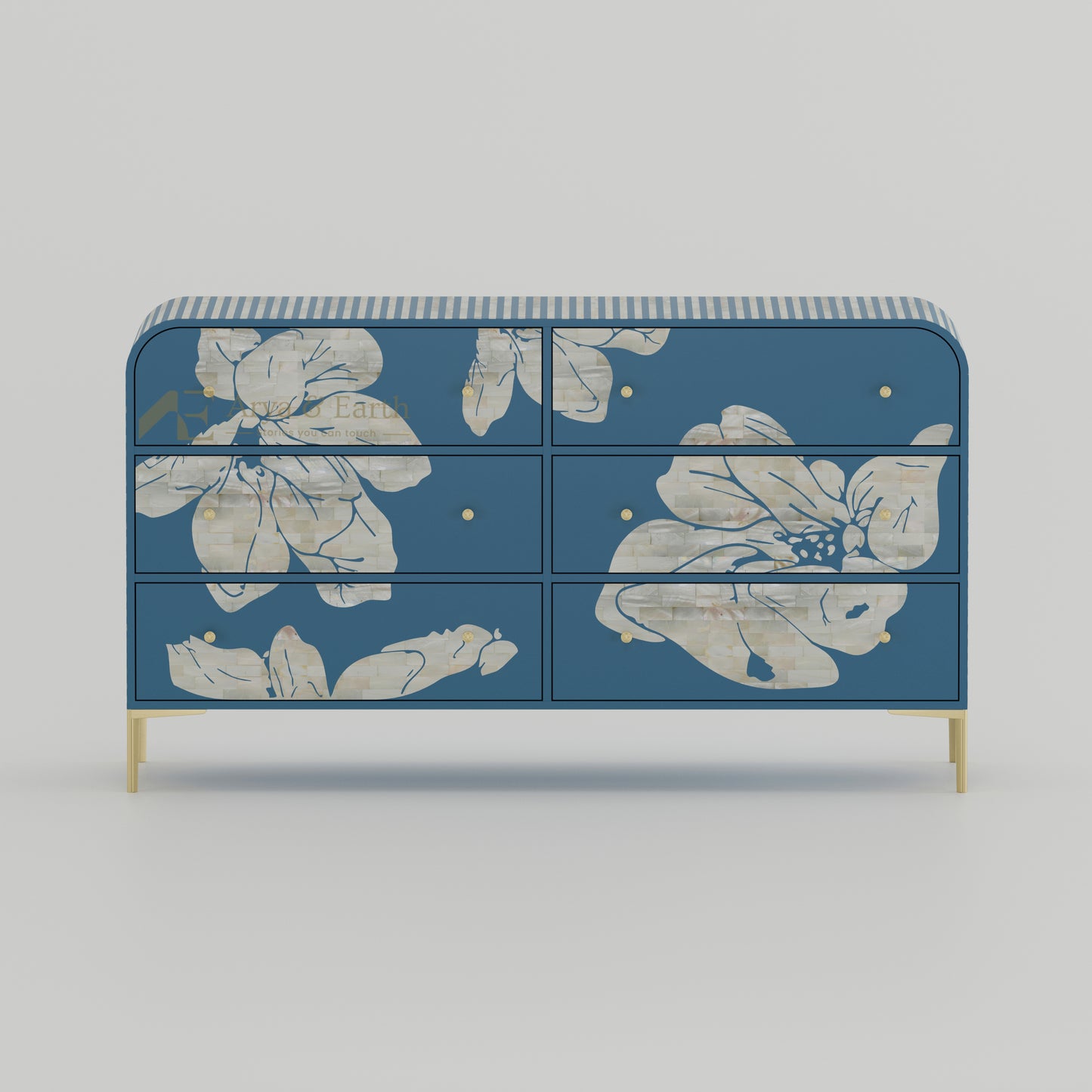 Blue dresser with floral mother of pearl patterns with gold accents
