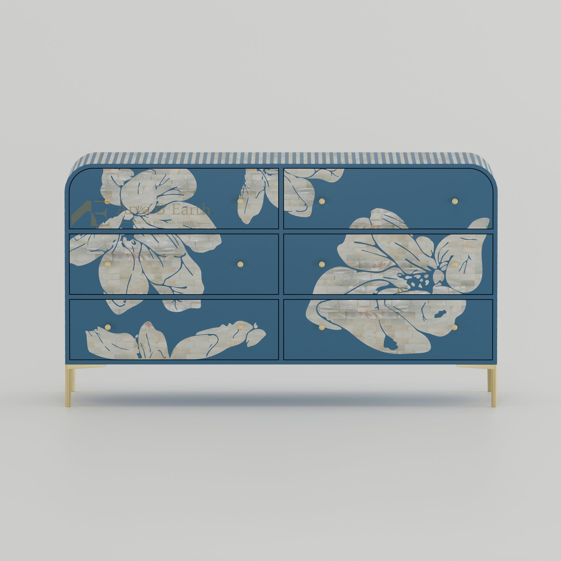 Blue dresser with floral mother of pearl patterns with gold accents