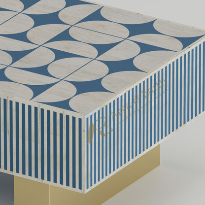 Closeup of Blue and white geometric bone inlay coffee table.