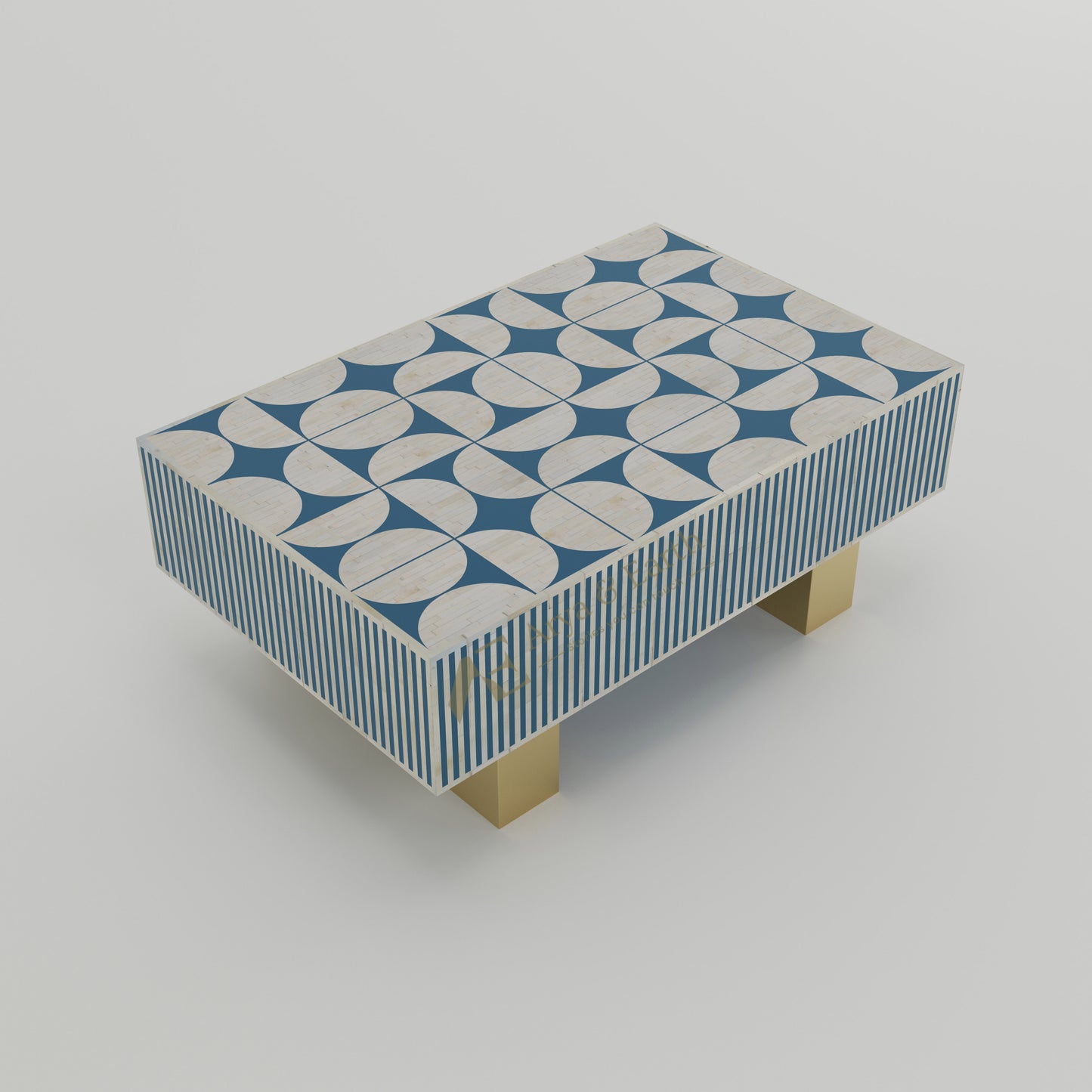 Geometric bone inlay centre table with blue and white pattern