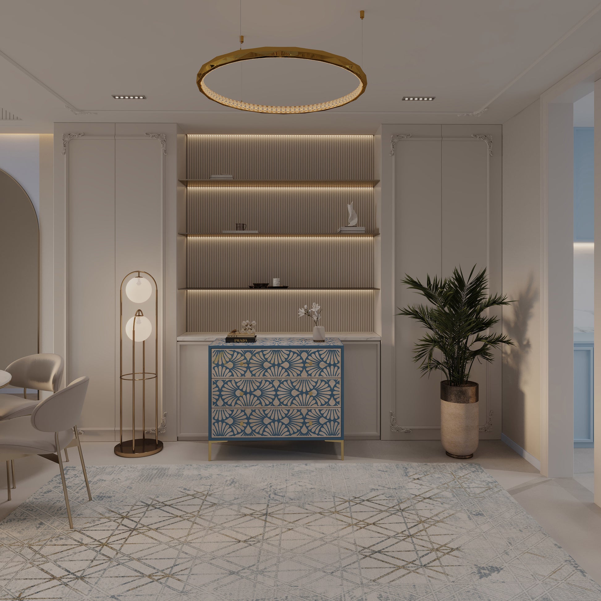Modern interior design with a geometric dresser, shelves, and decorative elements.