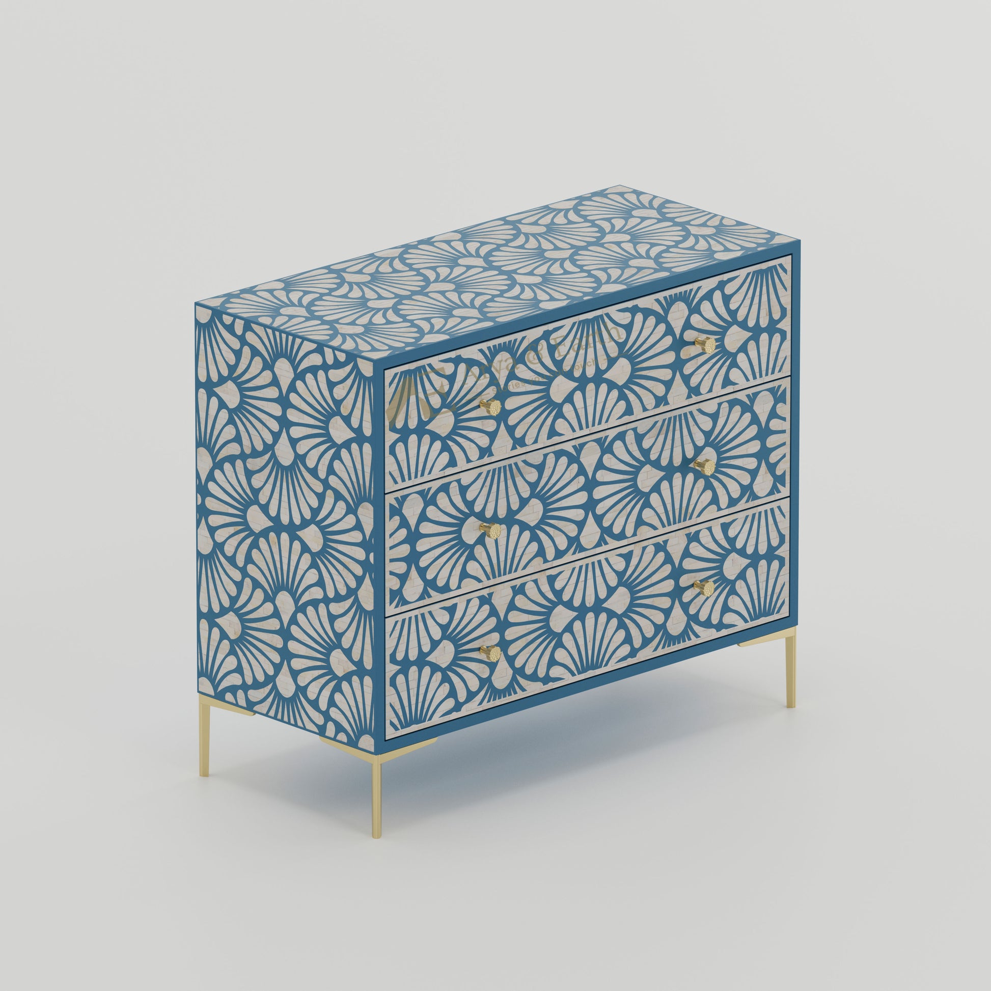 Blue geometric dresser with 3 large drawers