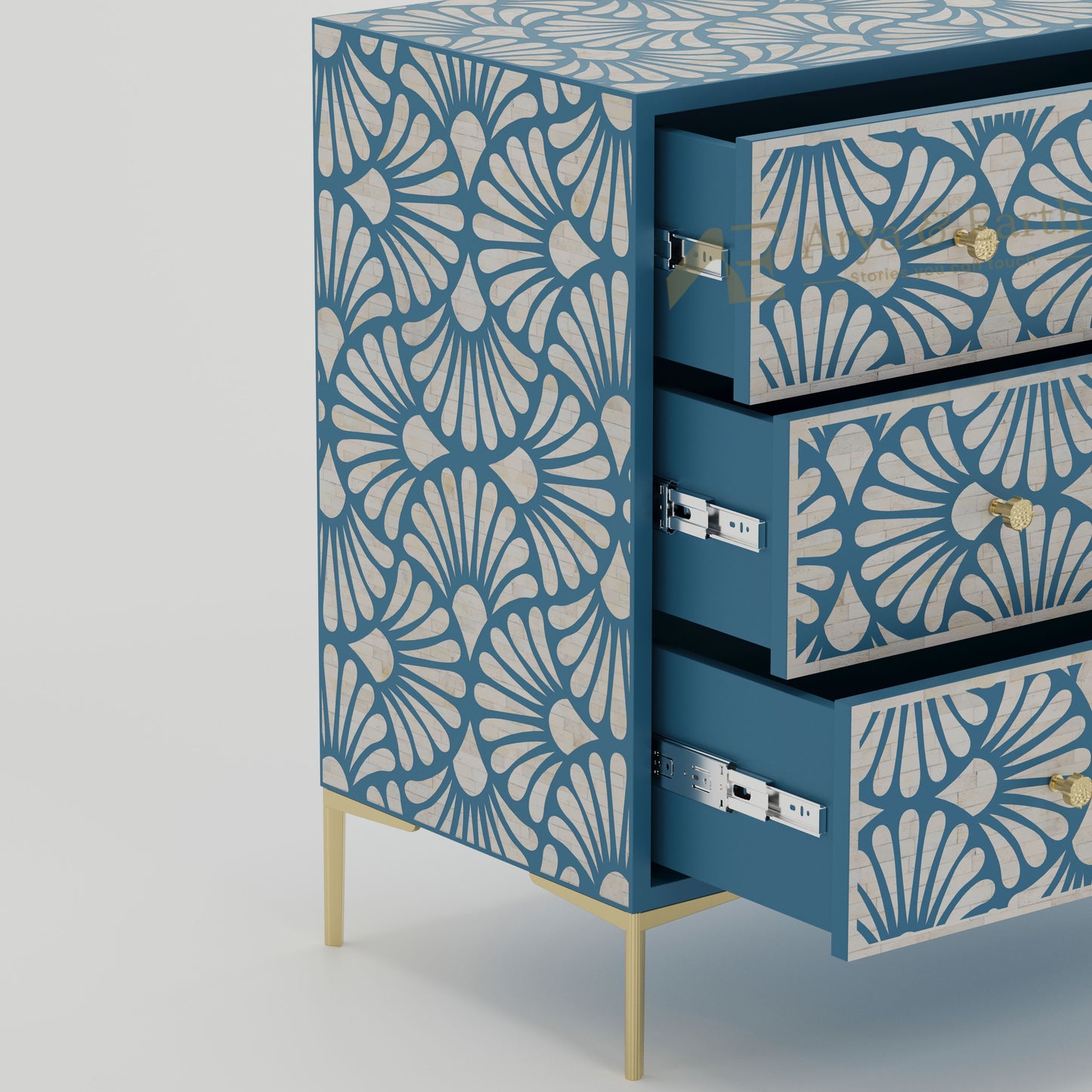 Open drawers on a blue dresser with white geometric pattern on a blue background