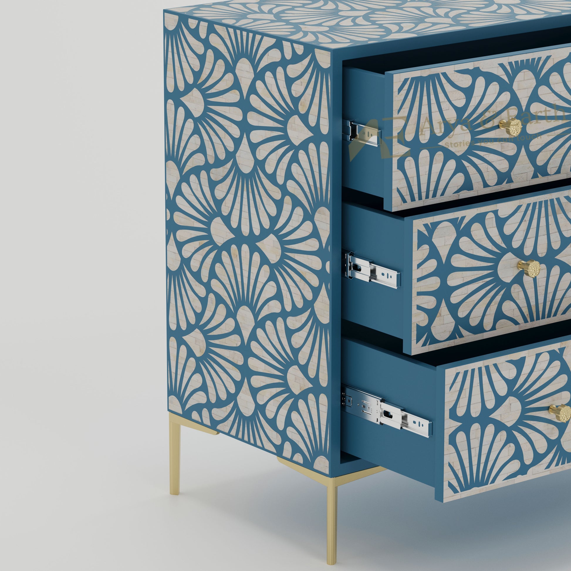Open drawers on a blue dresser with white geometric pattern on a blue background