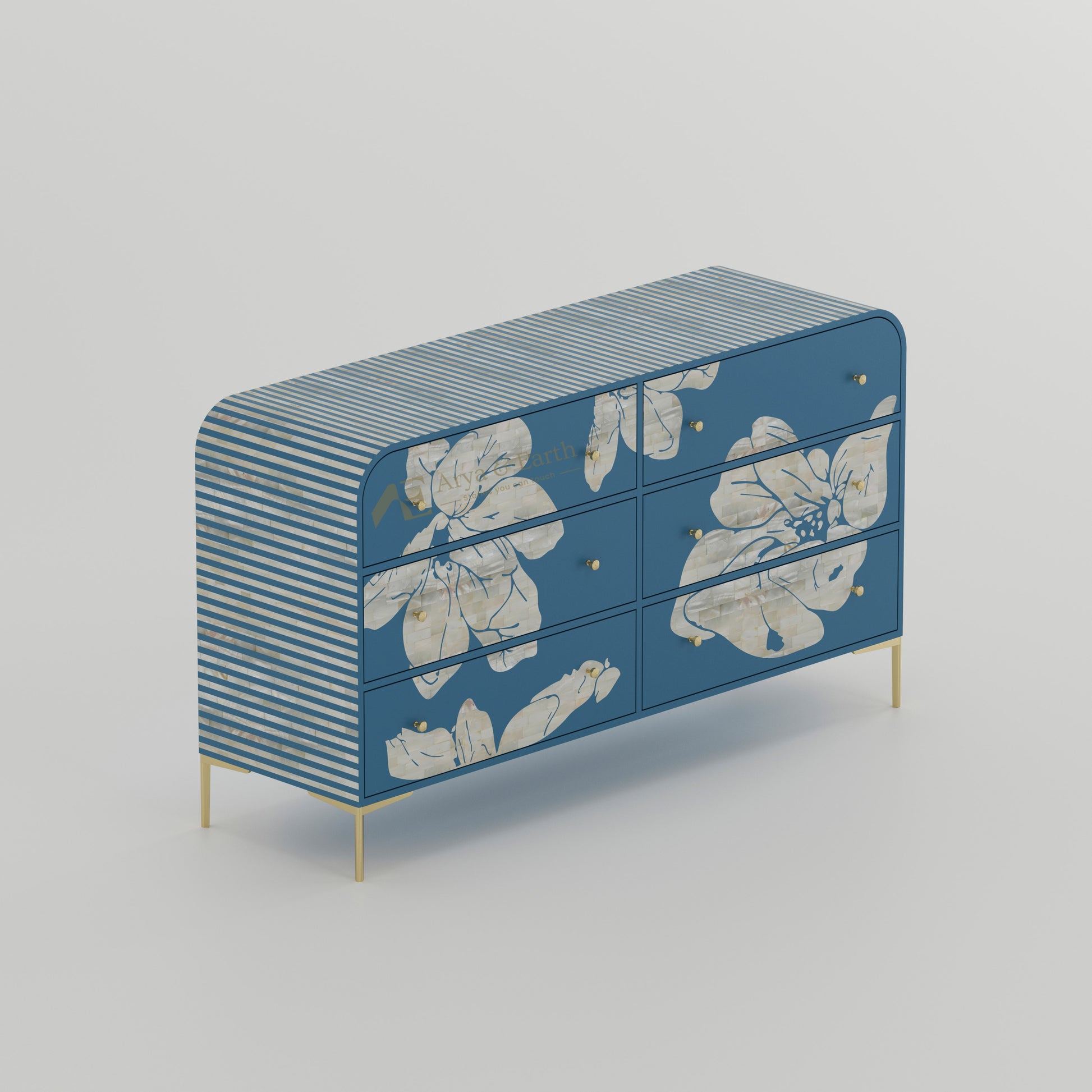 Blue dresser with floral and striped patterns with golden legs