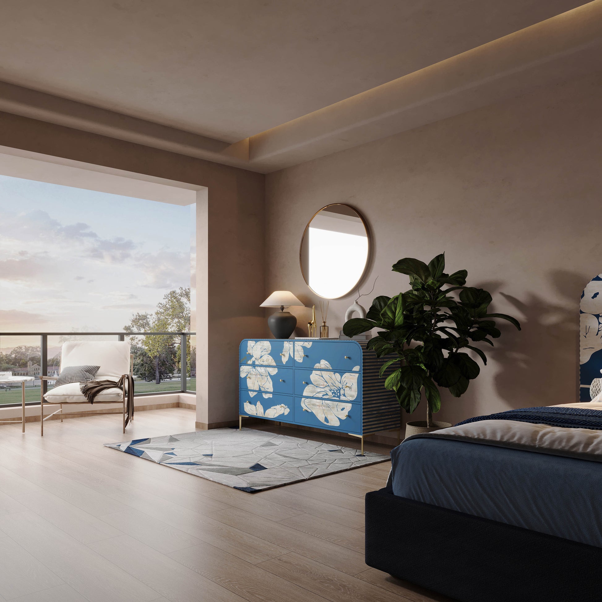 Modern bedroom with a blue and white patterned dresser, bed, and round mirror.