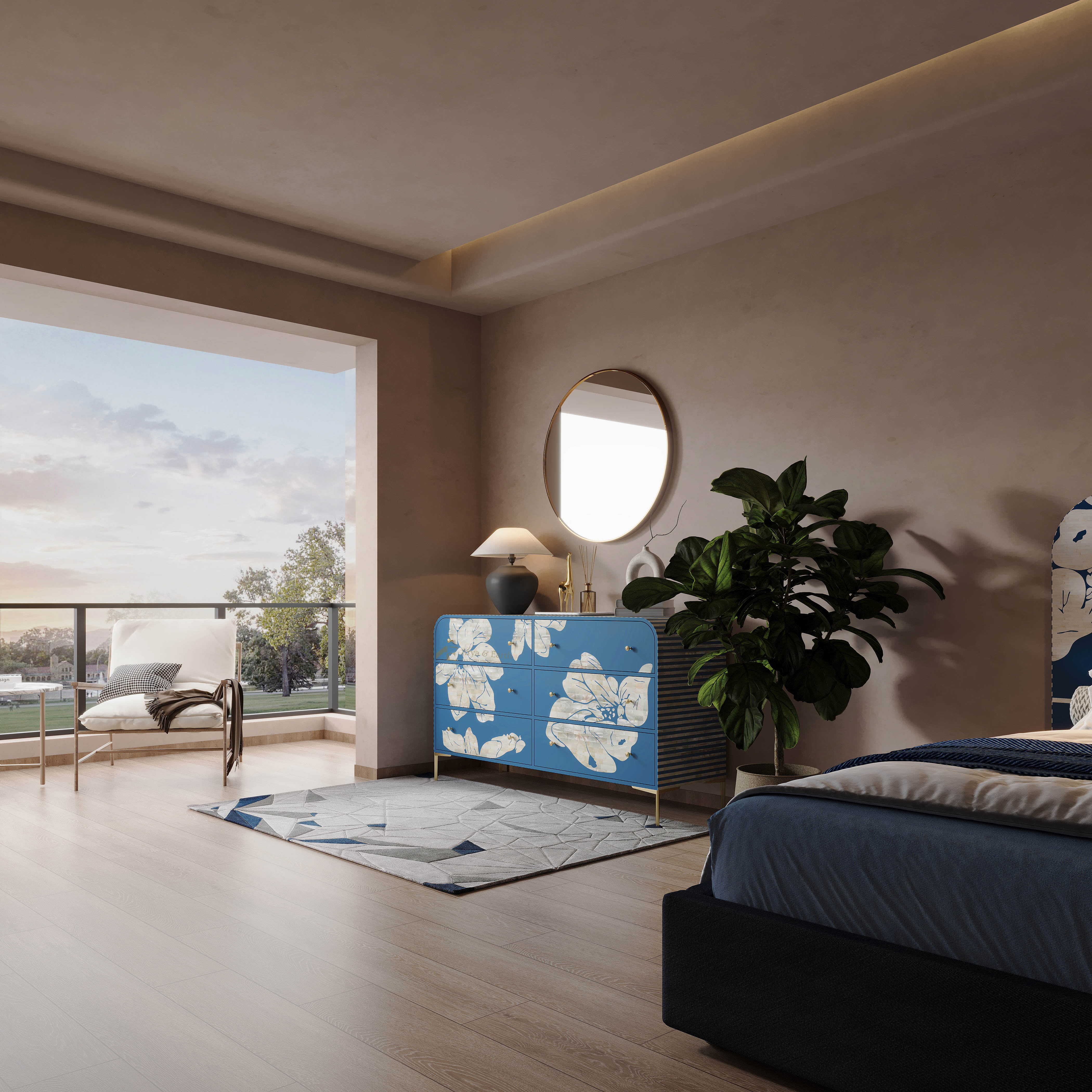Modern bedroom with a blue and white patterned dresser, bed, and round mirror.