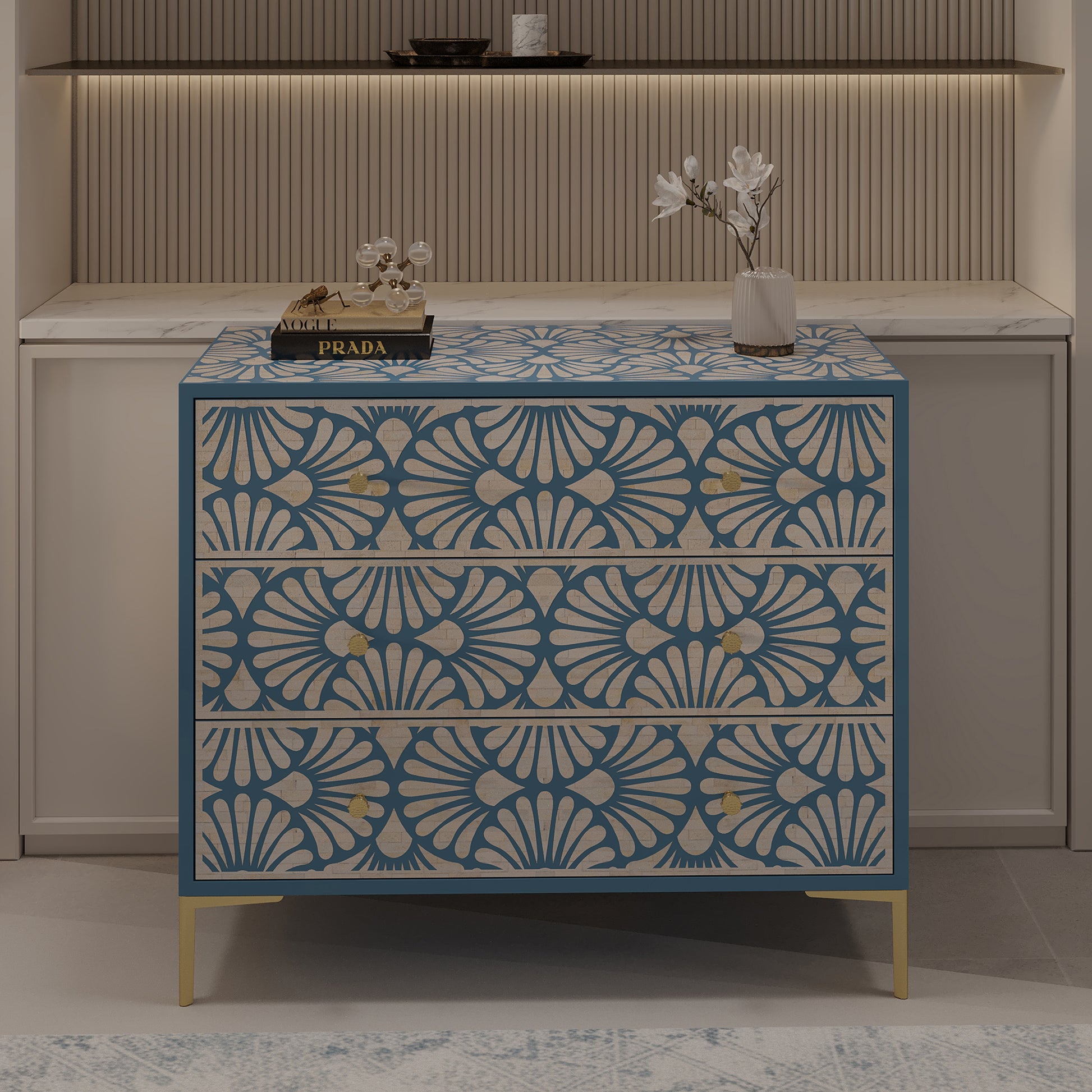 Floral bone inlay design on chest of drawers  in a room setting