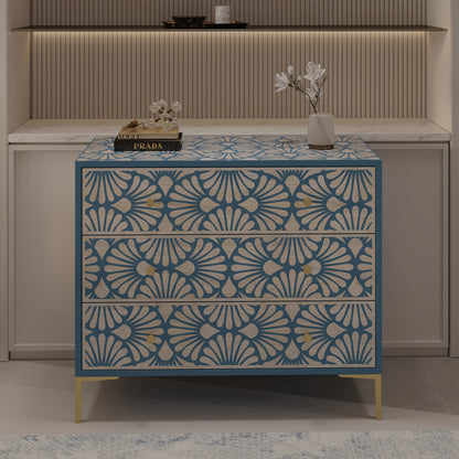 Floral bone inlay design on chest of drawers  in a room setting