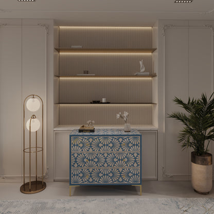 Bone inlay  blue chest of drawers with geometric floral patterns in a modern interior setting.