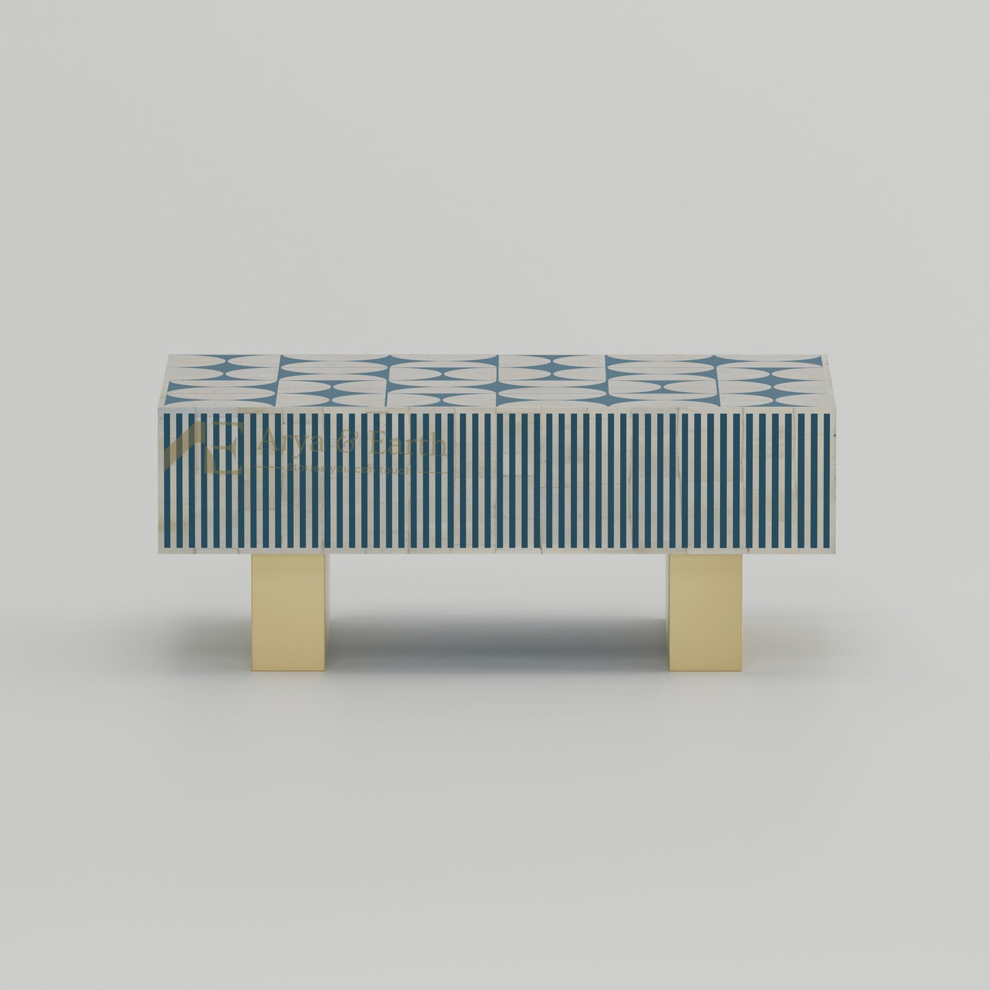 Coffee table with blue and white geometric pattern.