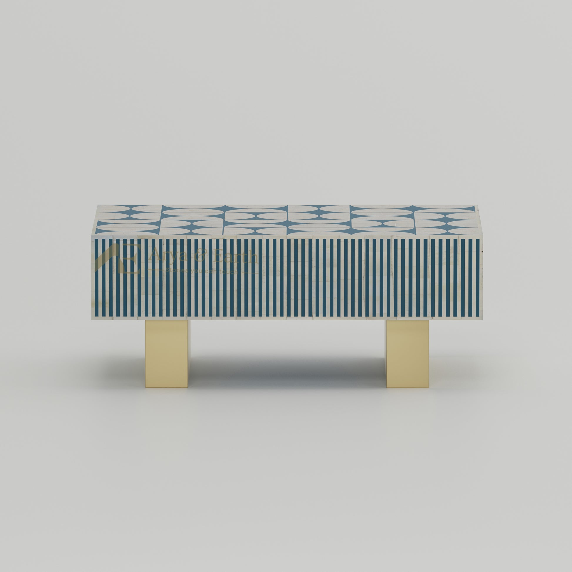 Coffee table with blue and white geometric pattern.