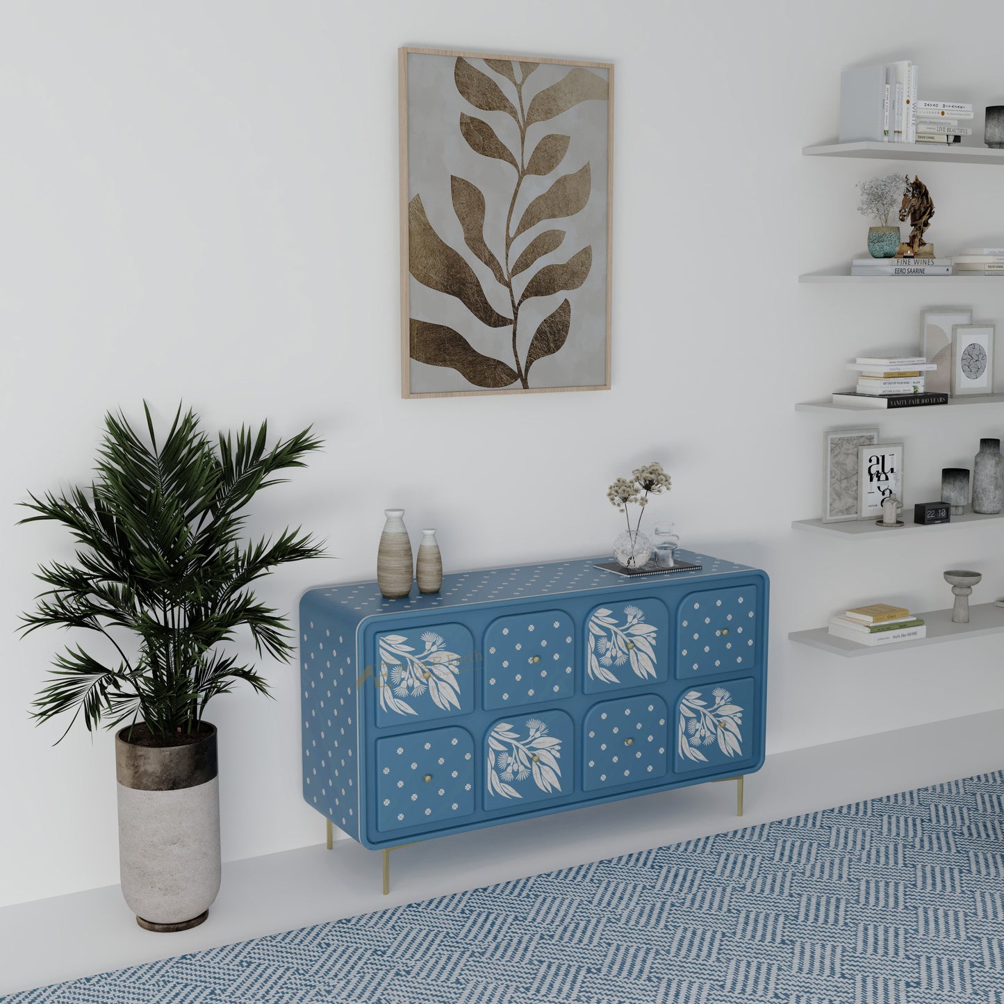 Blue bone inlay cabinet with floral patterns in a room with a plant and shelves.
