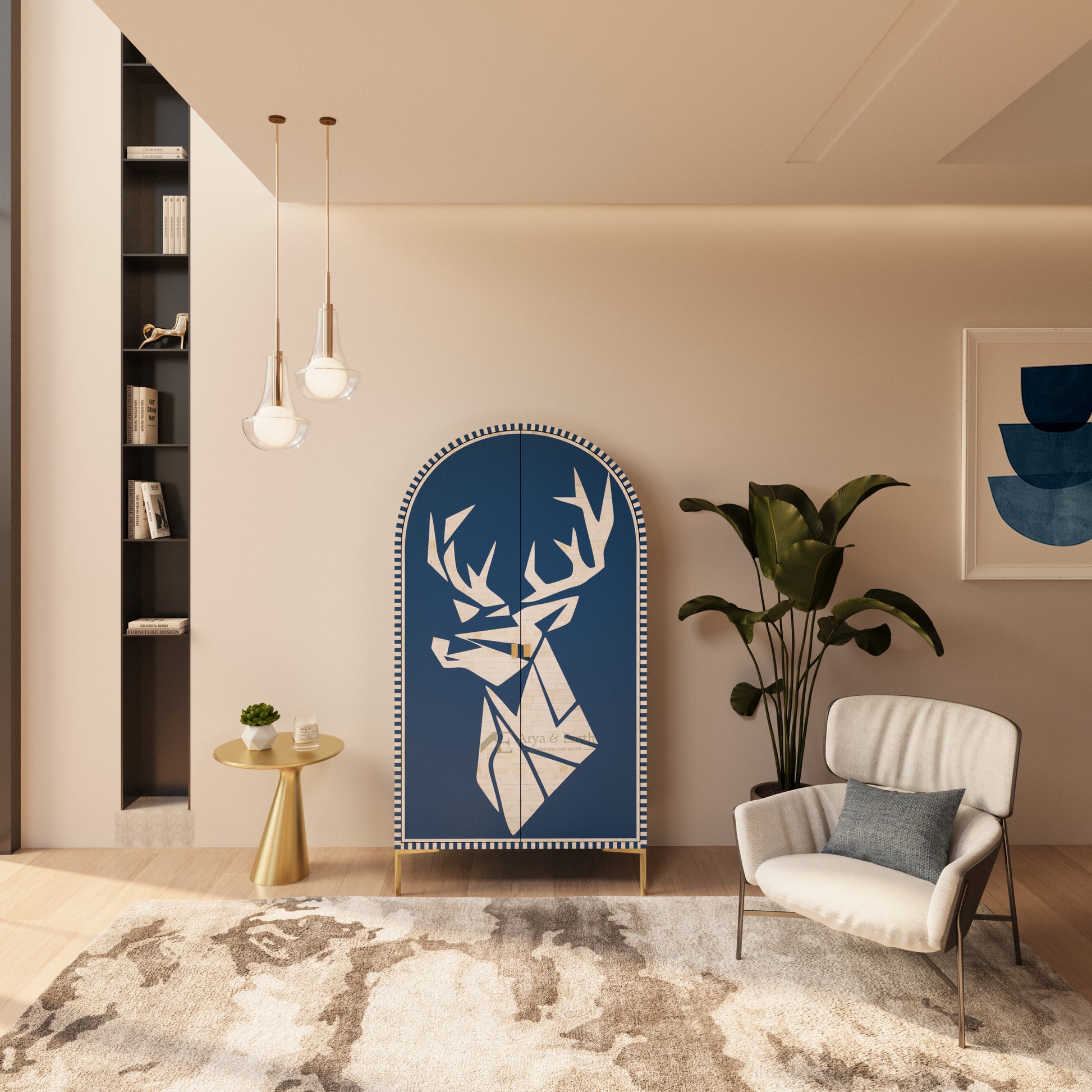 blue deer design bone inlay cabinet in a cozy lounge room