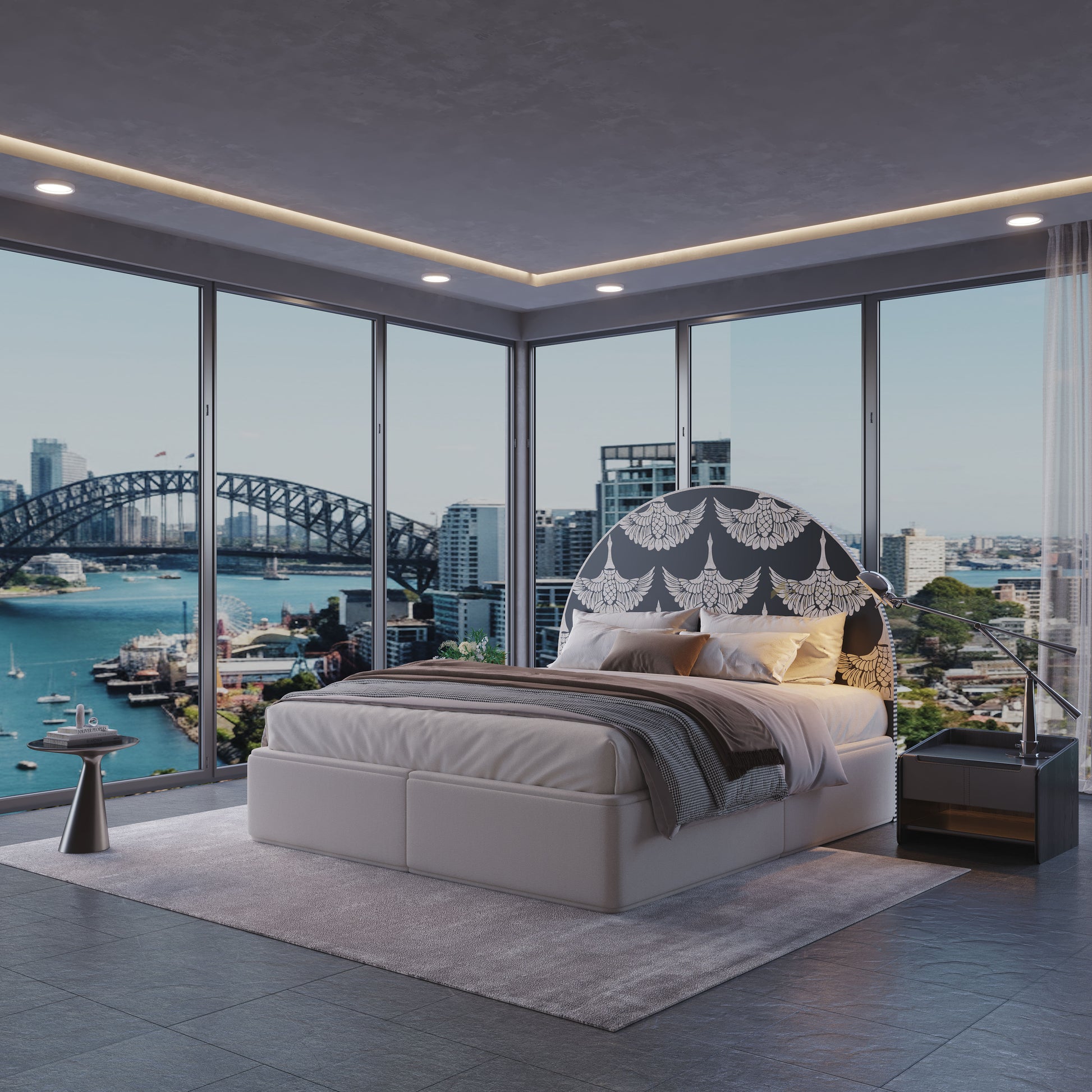 Statement bed head in a luxury bedroom with a cityscape view through large windows