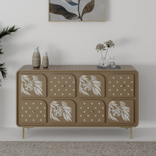 Beige sideboard with floral patterns in a room setting