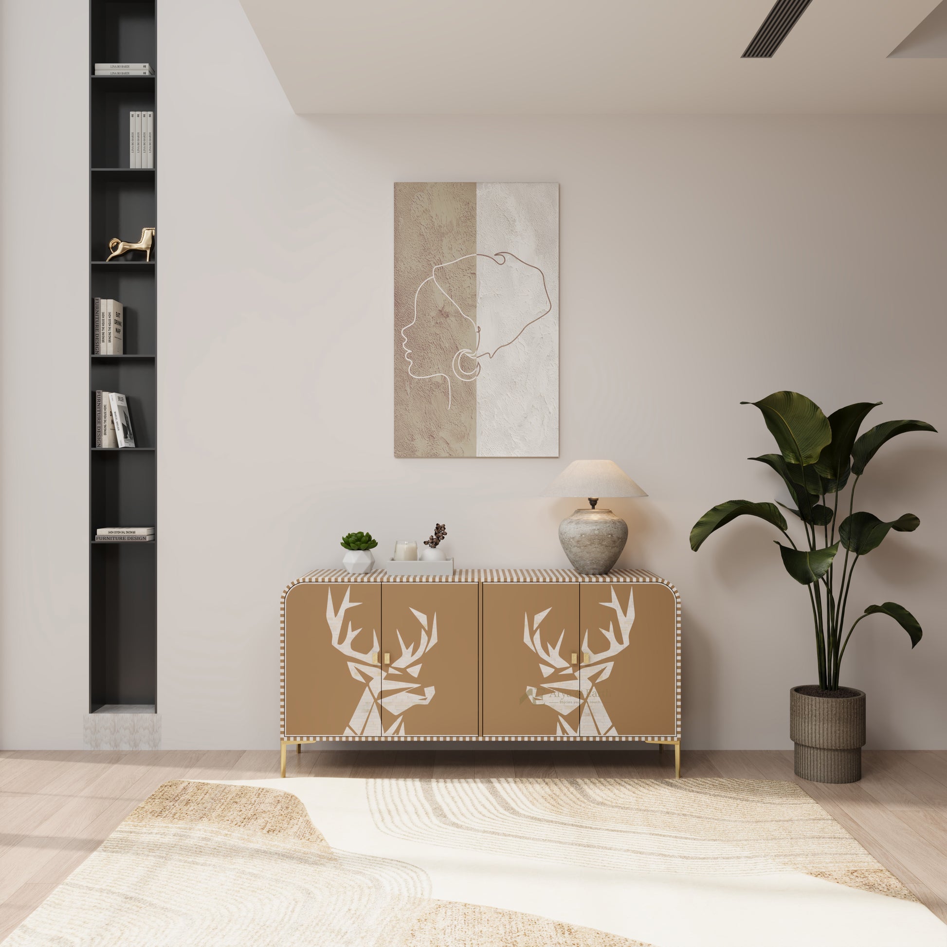 Modern interior with a bone inlay sideboard cabinet featuring deer designs, a plant, and wall art.