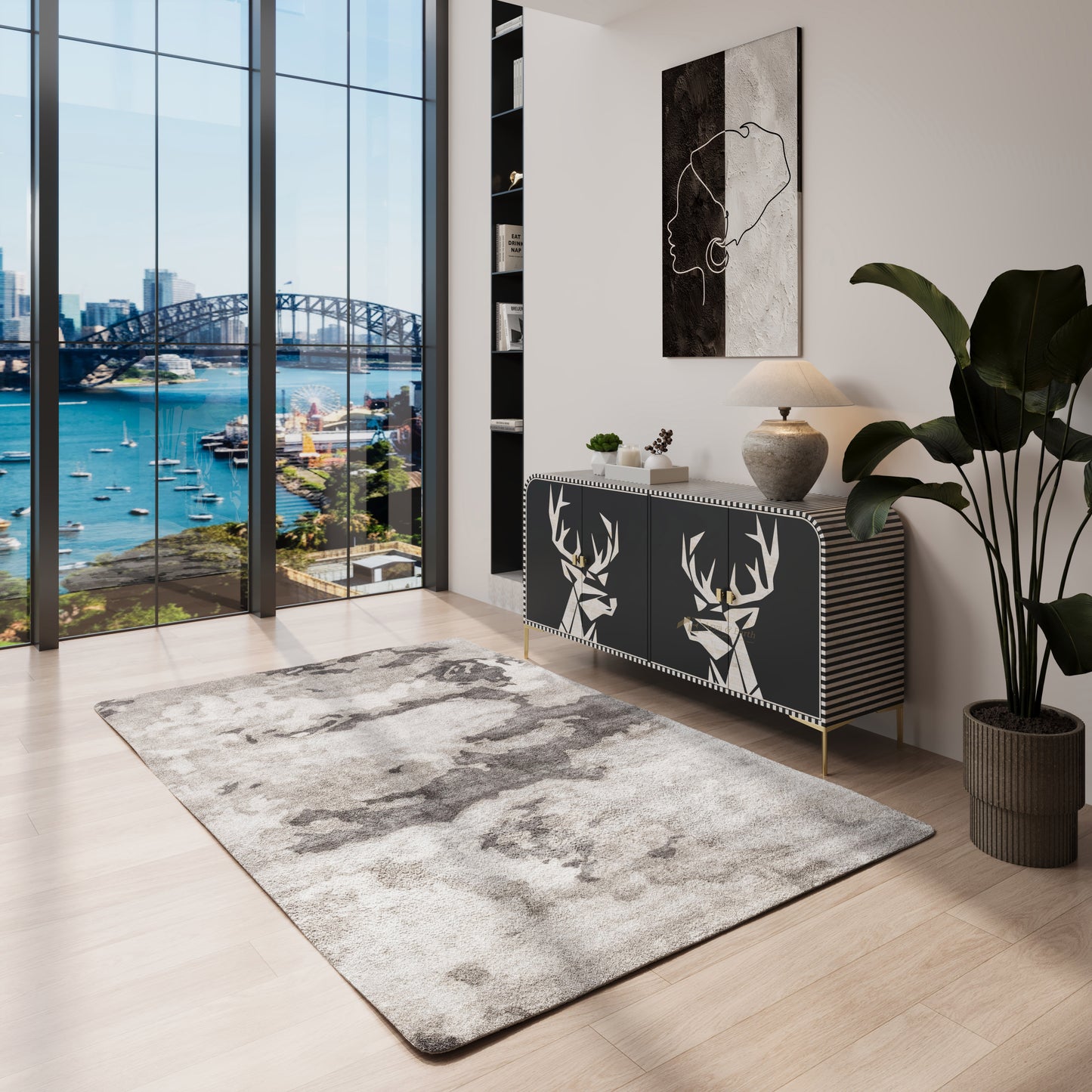 Modern interior with a rug, bone inlay statement console table, and cityscape view through large windows.