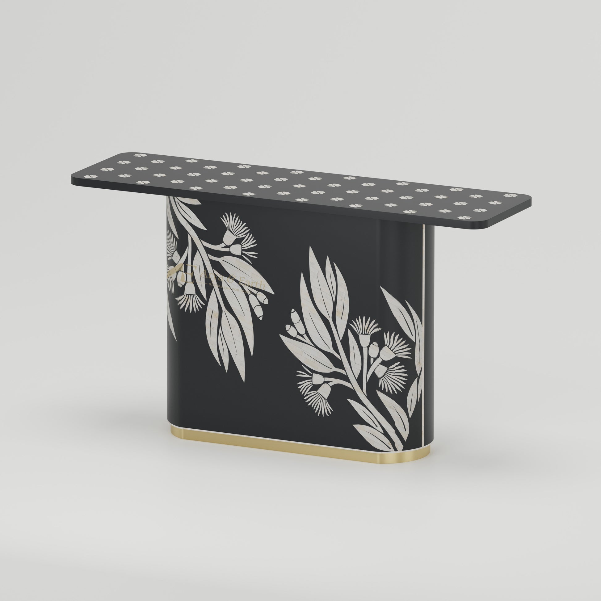 Bone Inlay Black console table side view with botanical design