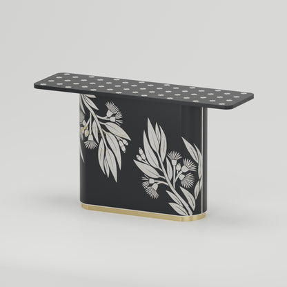 Bone Inlay Black console table side view with botanical design