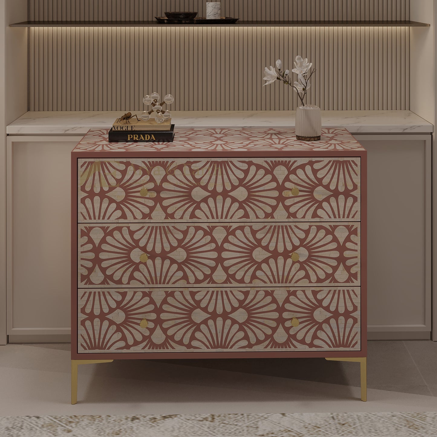 Decorative chest of drawers with a patterned design in a room setting.