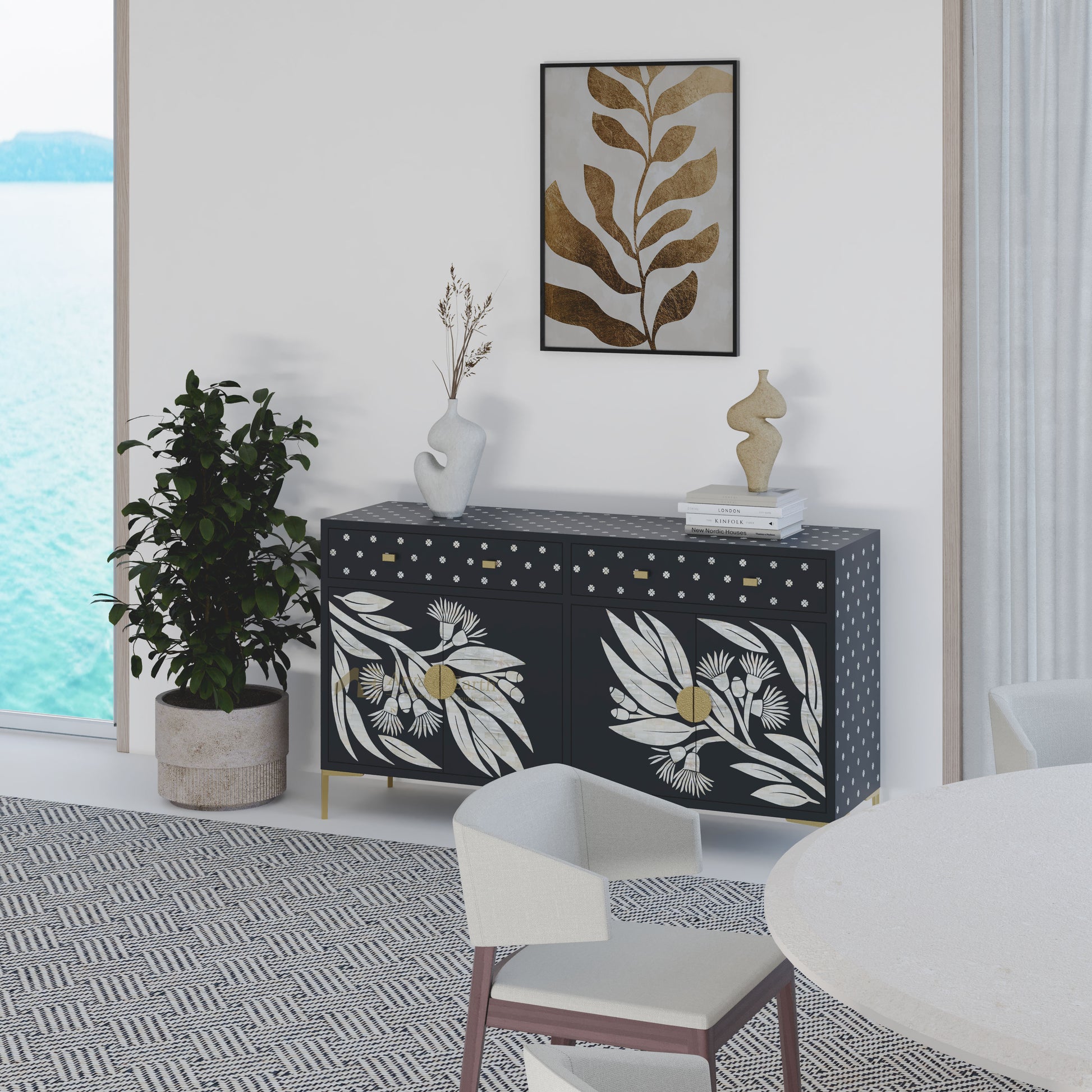 botanical pattern black cabinet in a modern living room.