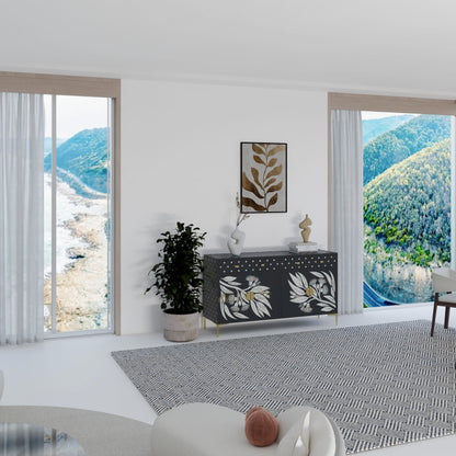 Modern living room with black cabinet and a view of mountains.