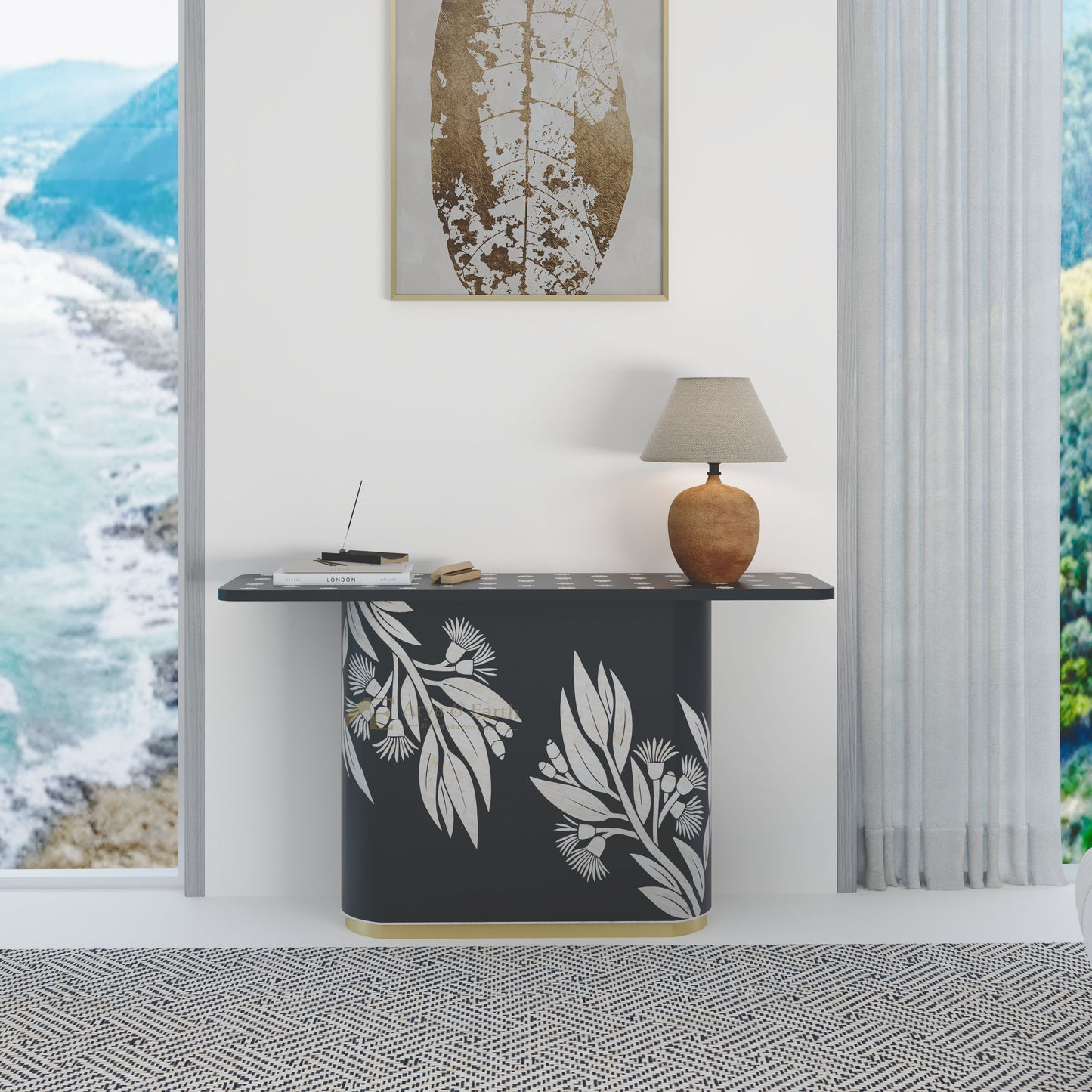 Console table with gum tree design in a room with scenic view