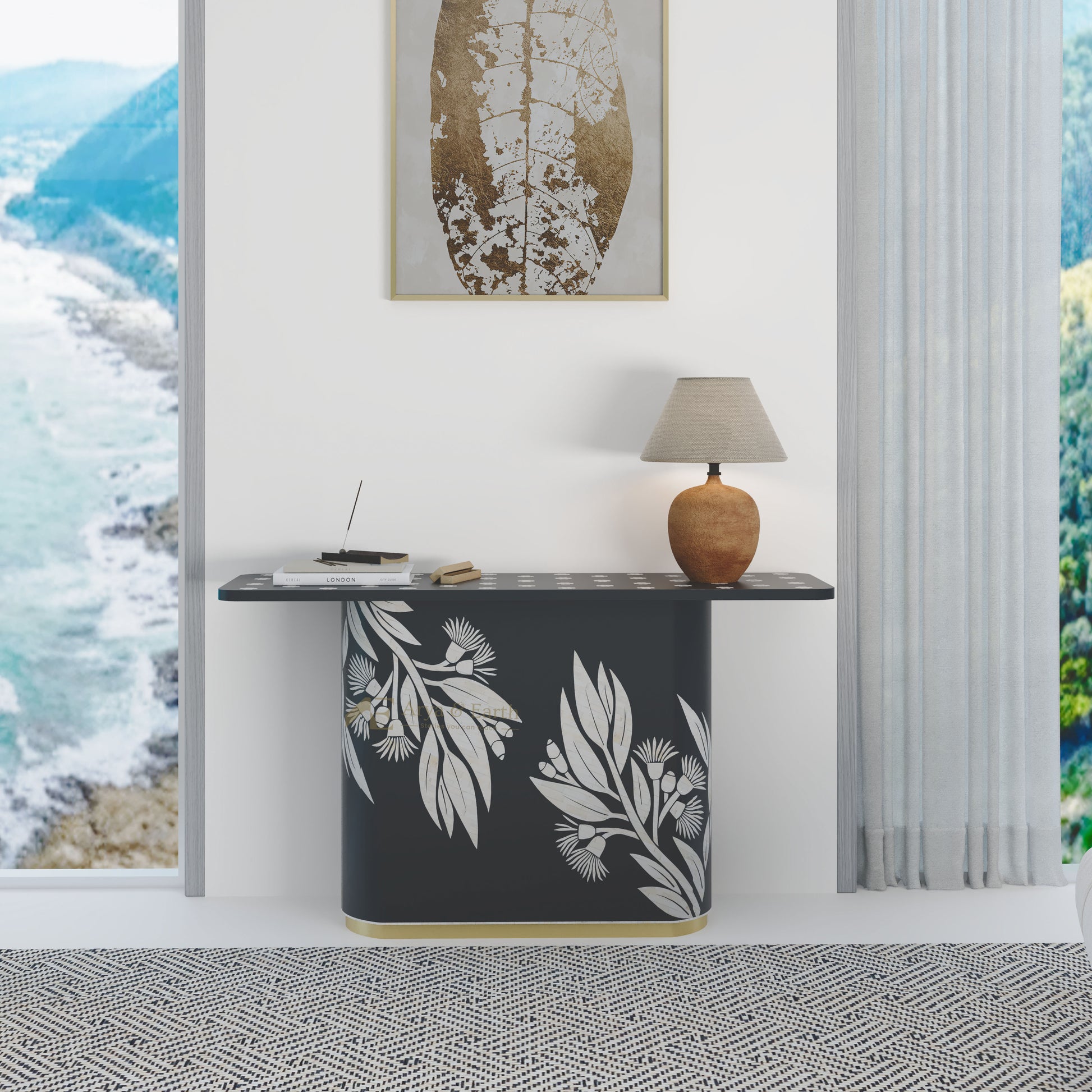 Console table with gum tree design in a room with scenic view