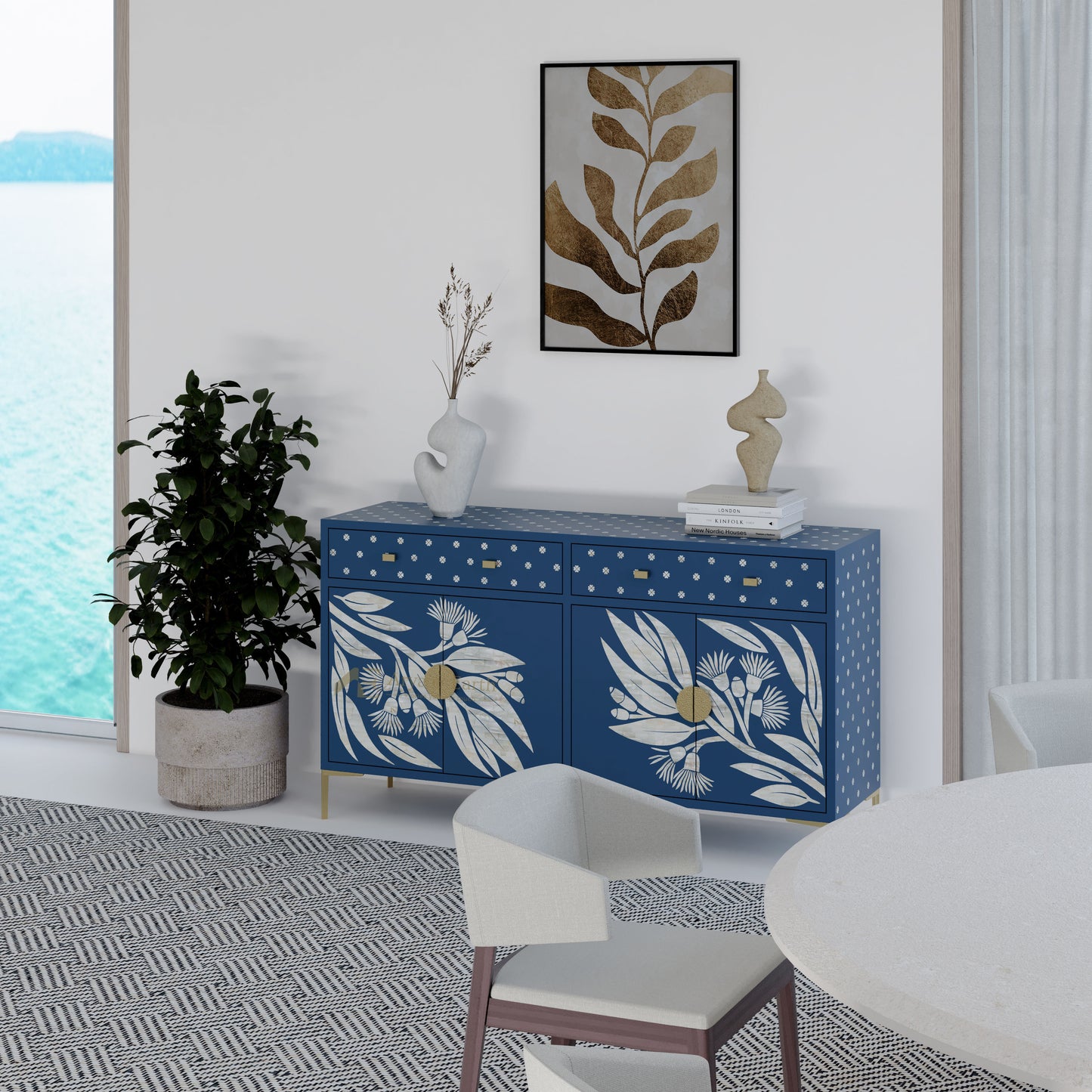 Blue sideboard with floral and leaves pattern in a modern living room setting