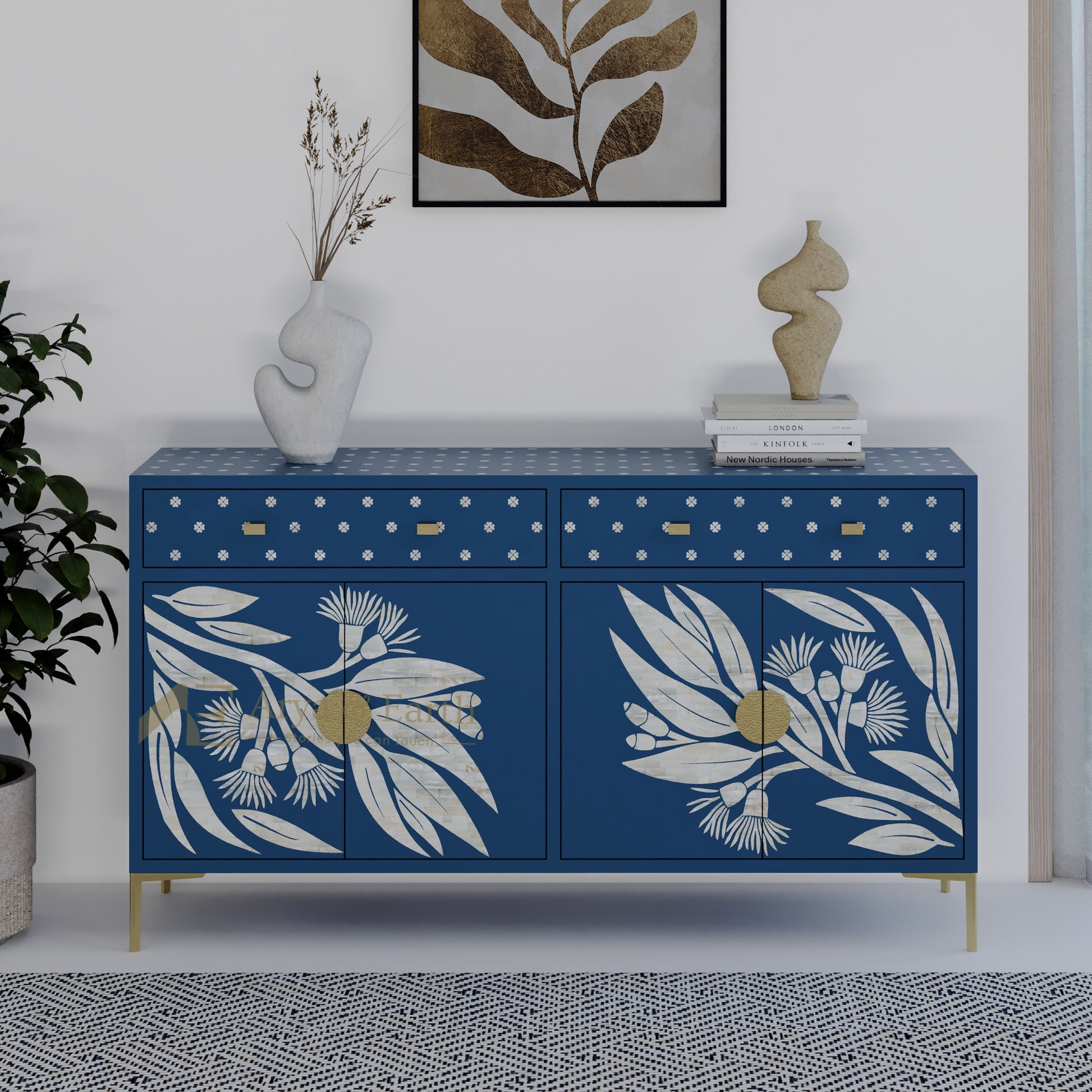 Blue cabinet with floral and leaves pattern in a room setting