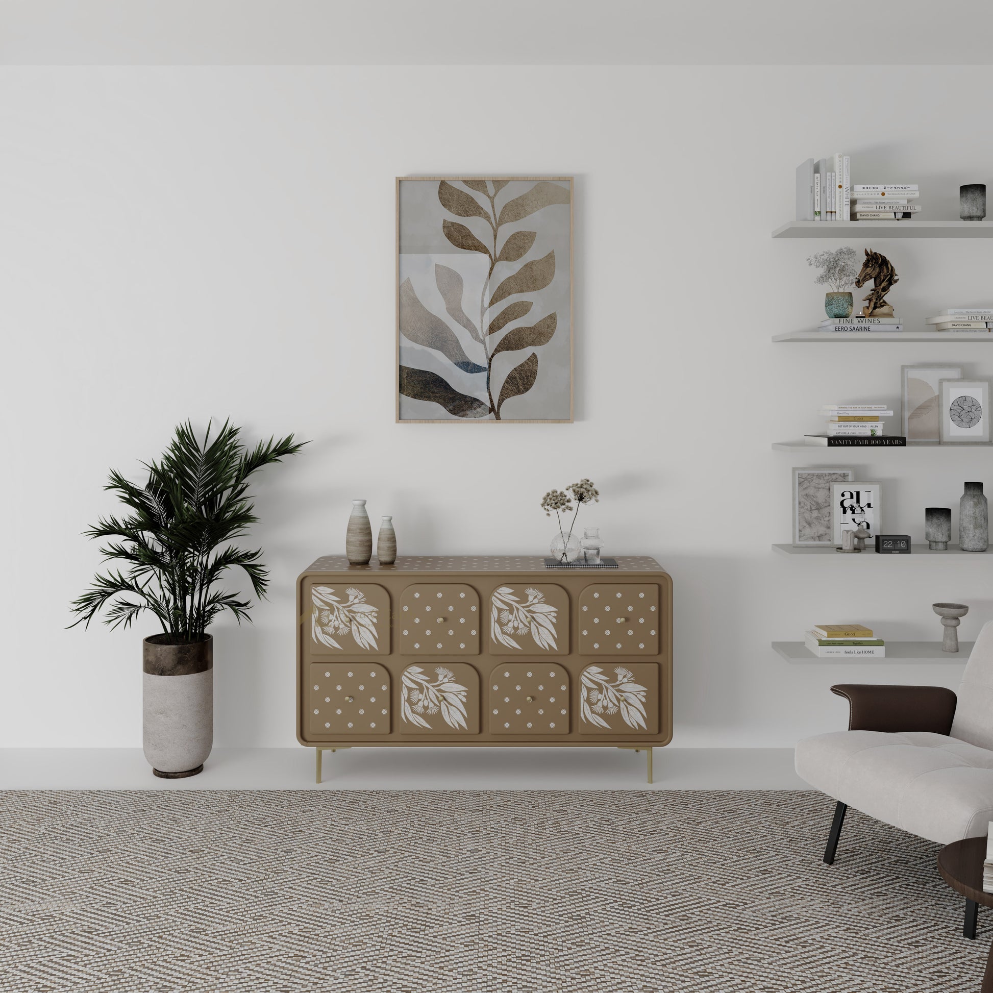Modern living room with a beige bone inlay botanical drawer cabinet, plant, and wall art.
