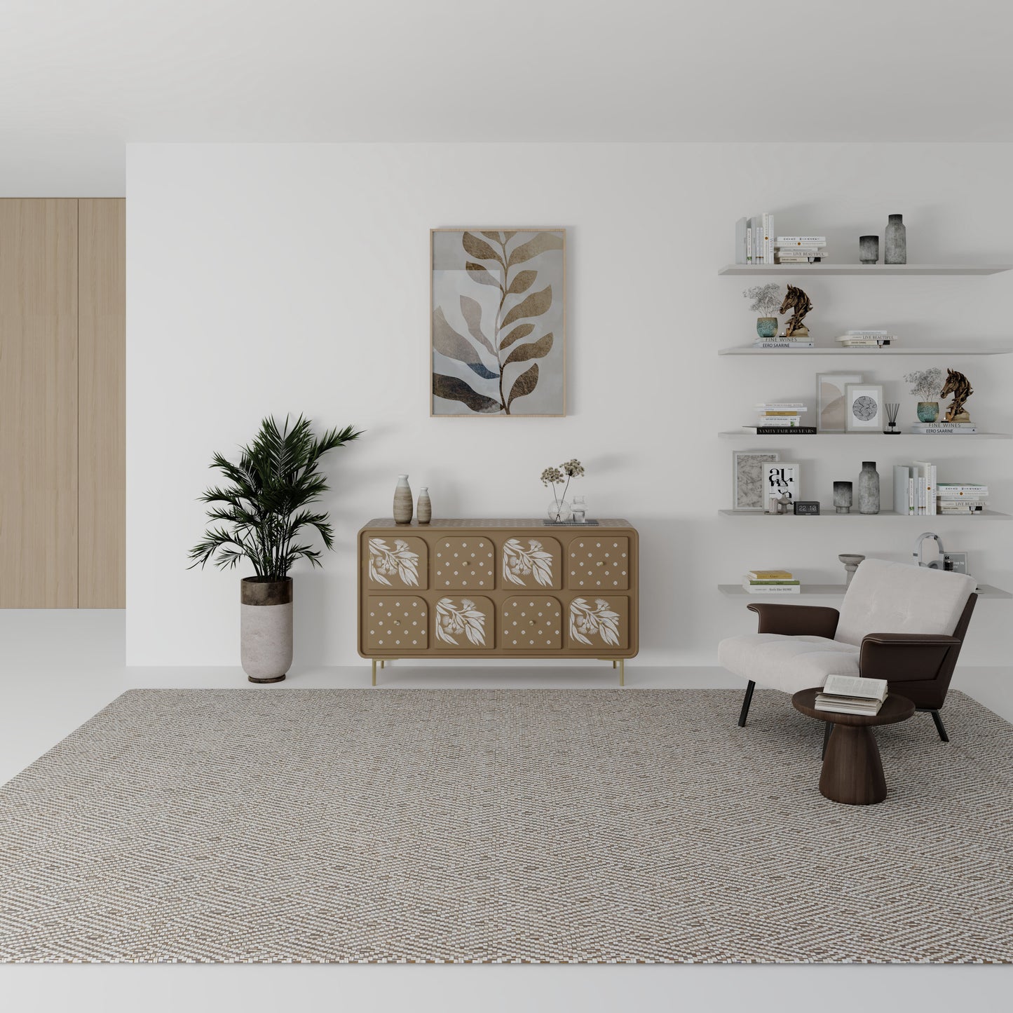 Modern living room with a beige bone inlay sideboard, chair, and shelves.