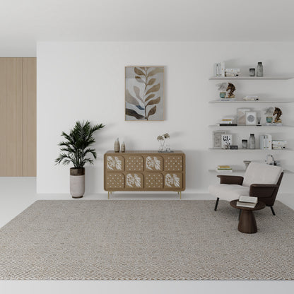 Modern living room with a beige bone inlay sideboard, chair, and shelves.