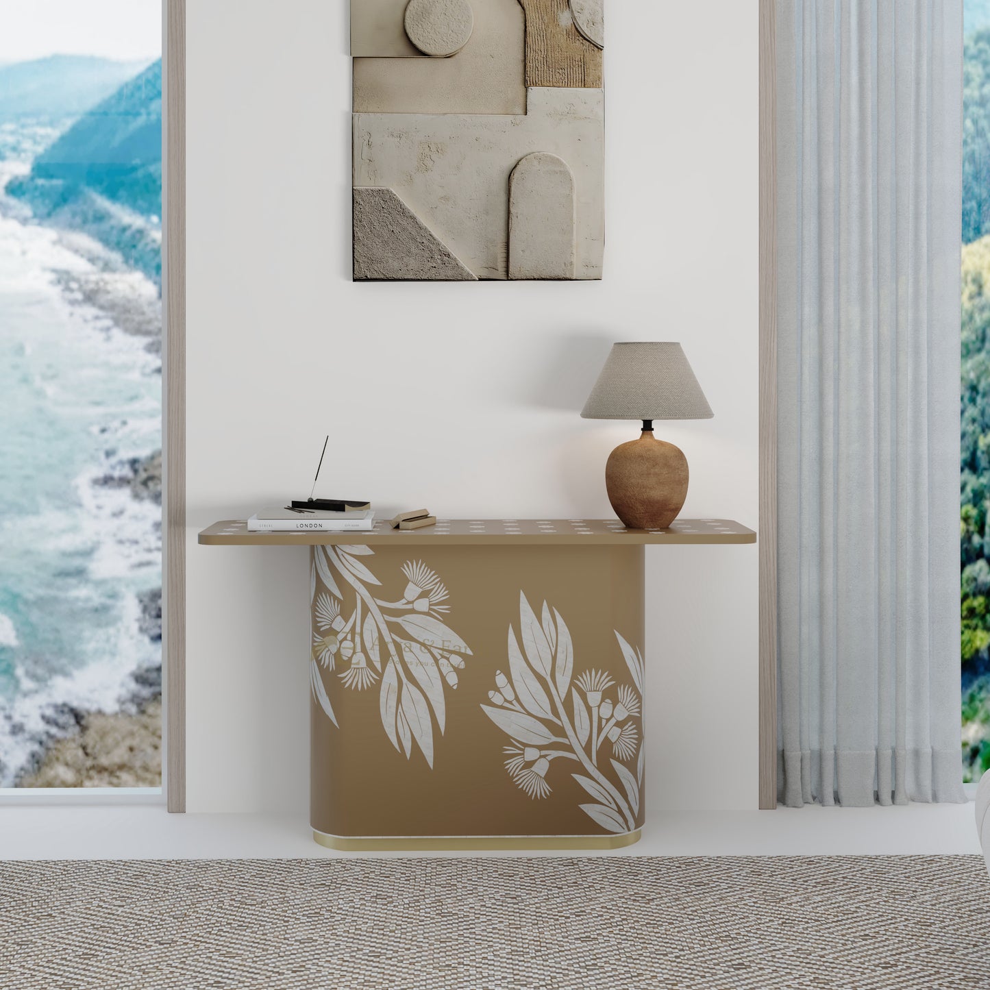 Beige console table with floral pattern in a room with ocean view