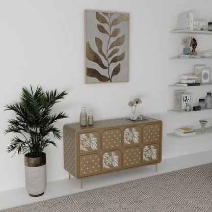 Room interior with a dresser, plant pot and shelves