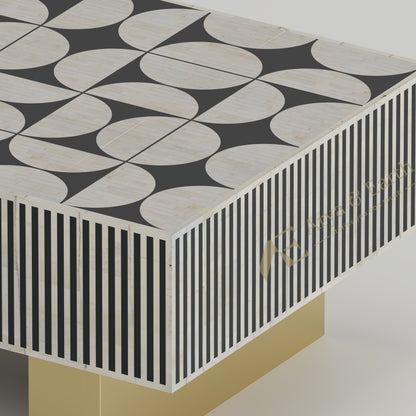closeup bone inlay geometric pattern black and white