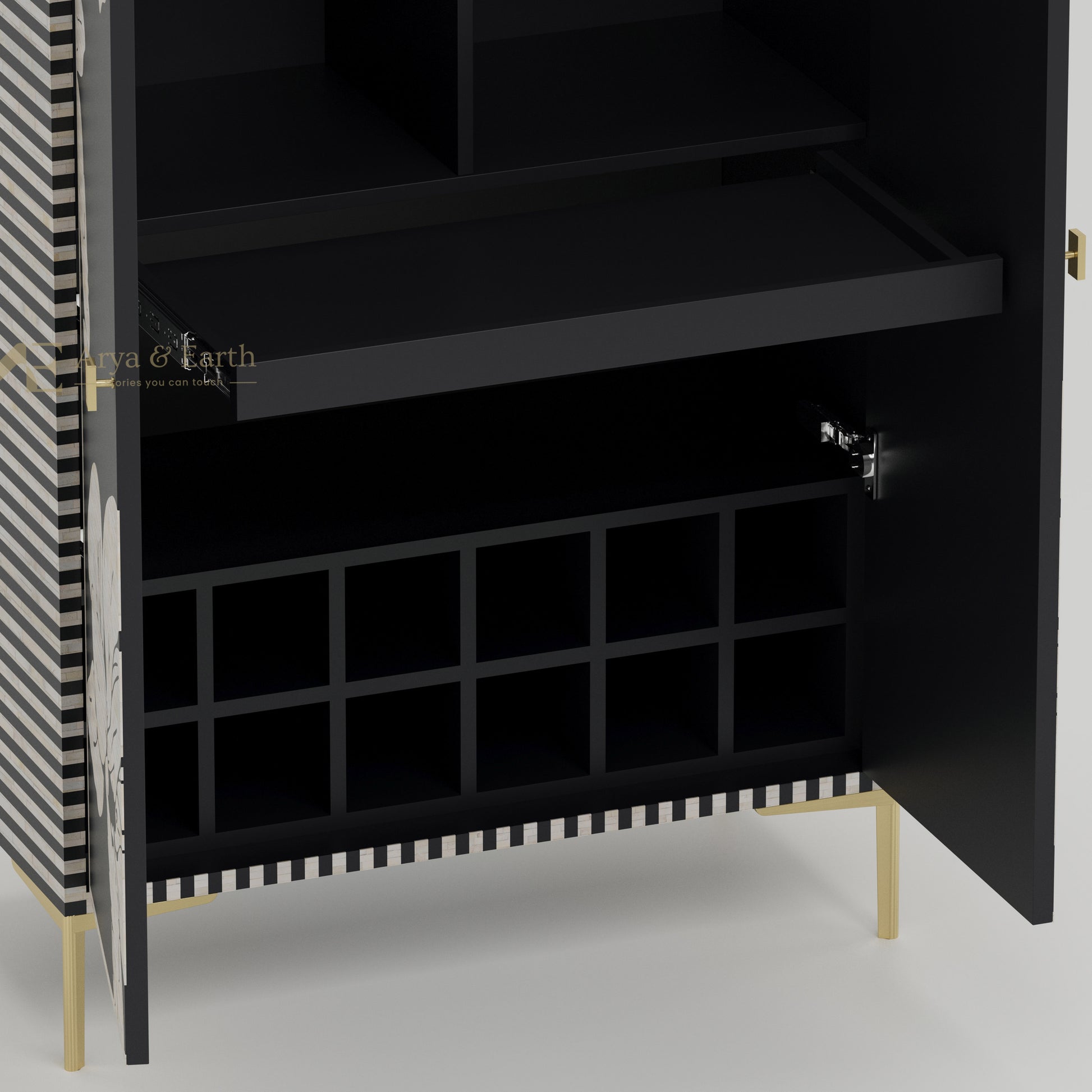 extendable shelf and wine bottle holder inside bar cabinet