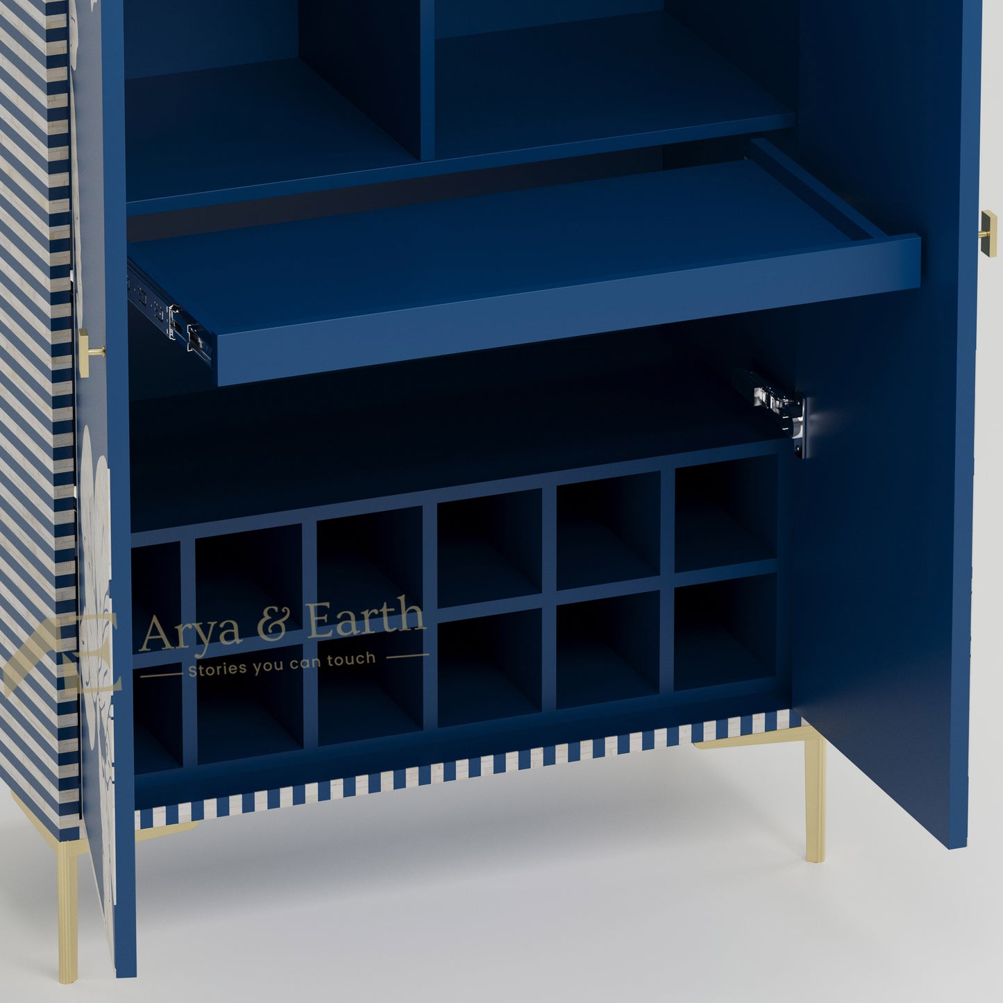 extendable shelf and wine bottle holder inside bar cabinet