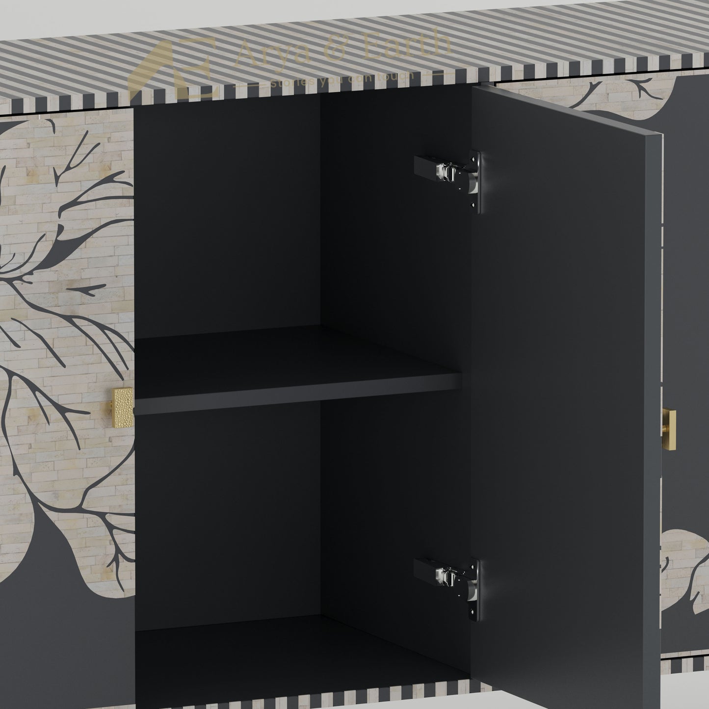 Bone inlay grey cabinet with open door showing interior shelves