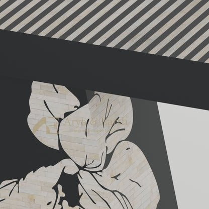 closeup of bone inlay floral and stripe design